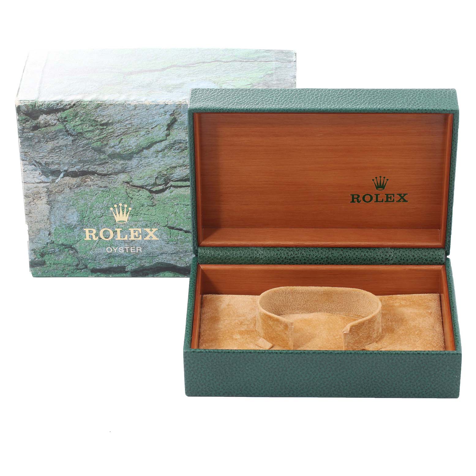 The image shows an open Rolex Datejust 16233 Men's Steel and Gold (two tone) Beige Dial 16233 Men's Steel and Gold (two tone) Beige Dial model watch box with its exterior cardboard packaging.