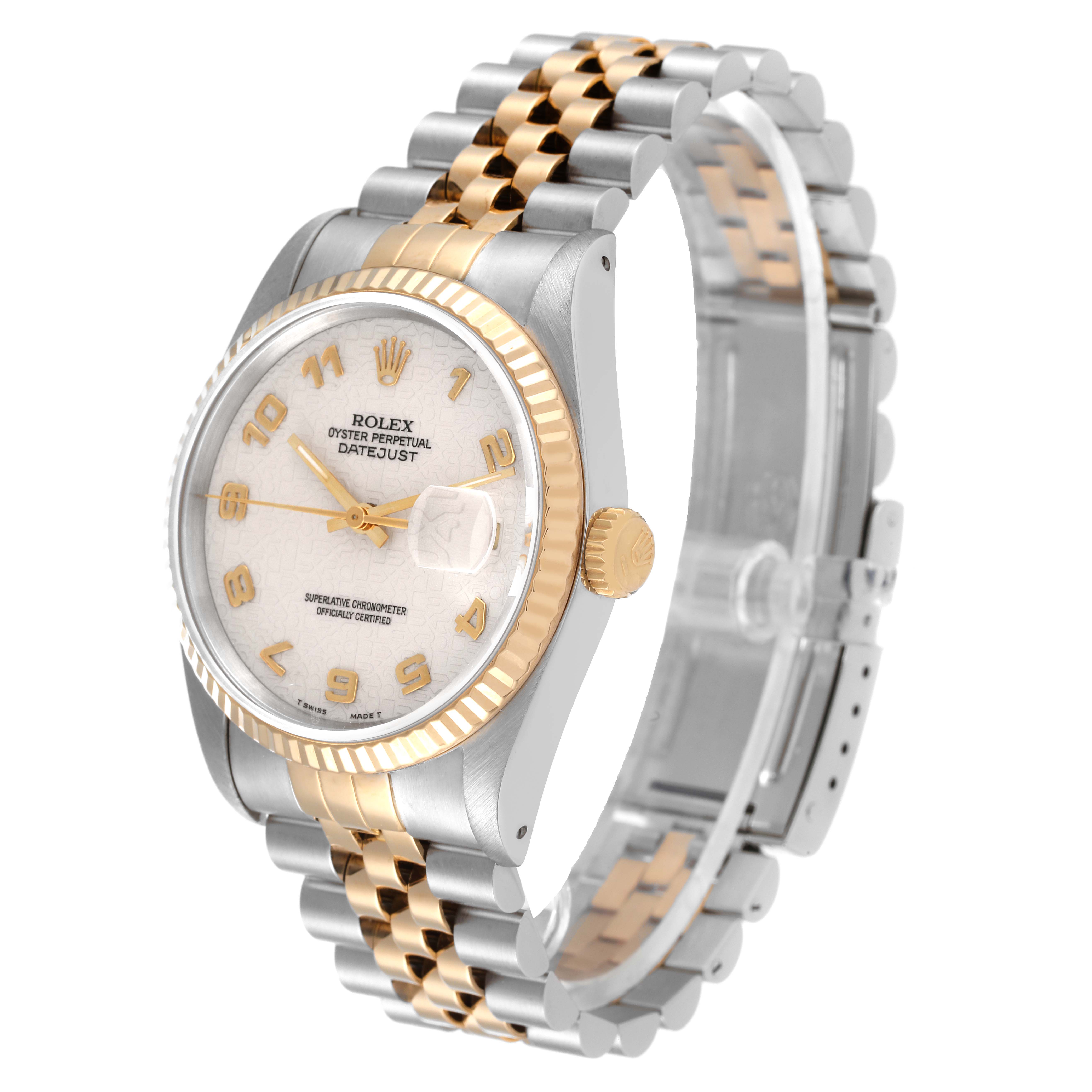 This Rolex Datejust 16233 Men's Steel and Gold (two tone) Beige Dial 16233 Men's Steel and Gold (two tone) Beige Dial watch is shown at a slight angle, displaying the face, bezel, crown, and two-tone bracelet.