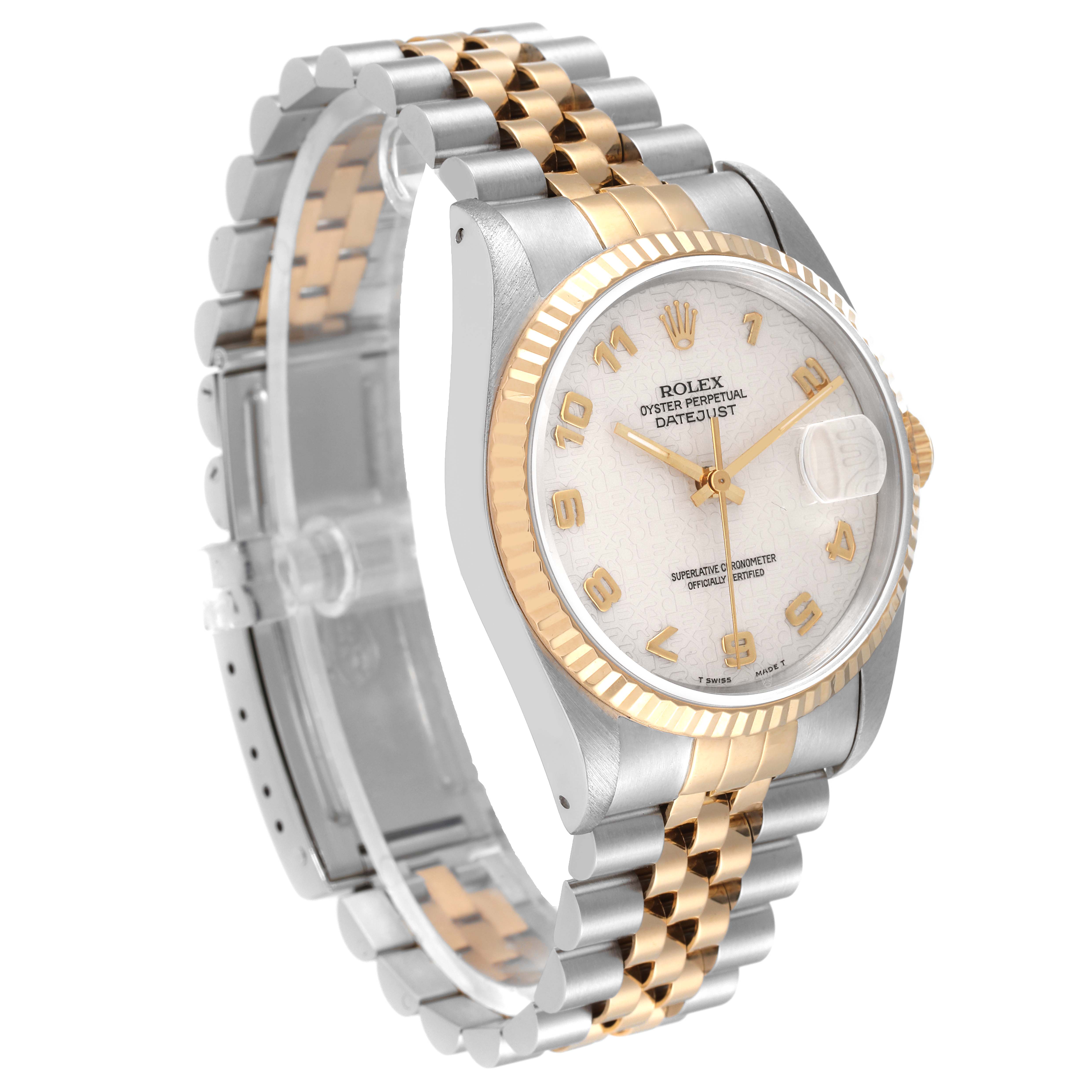 The Rolex Datejust 16233 Men's Steel and Gold (two tone) Beige Dial 16233 Men's Steel and Gold (two tone) Beige Dial watch is shown at a side angle, displaying its two-tone bracelet and dial clearly.