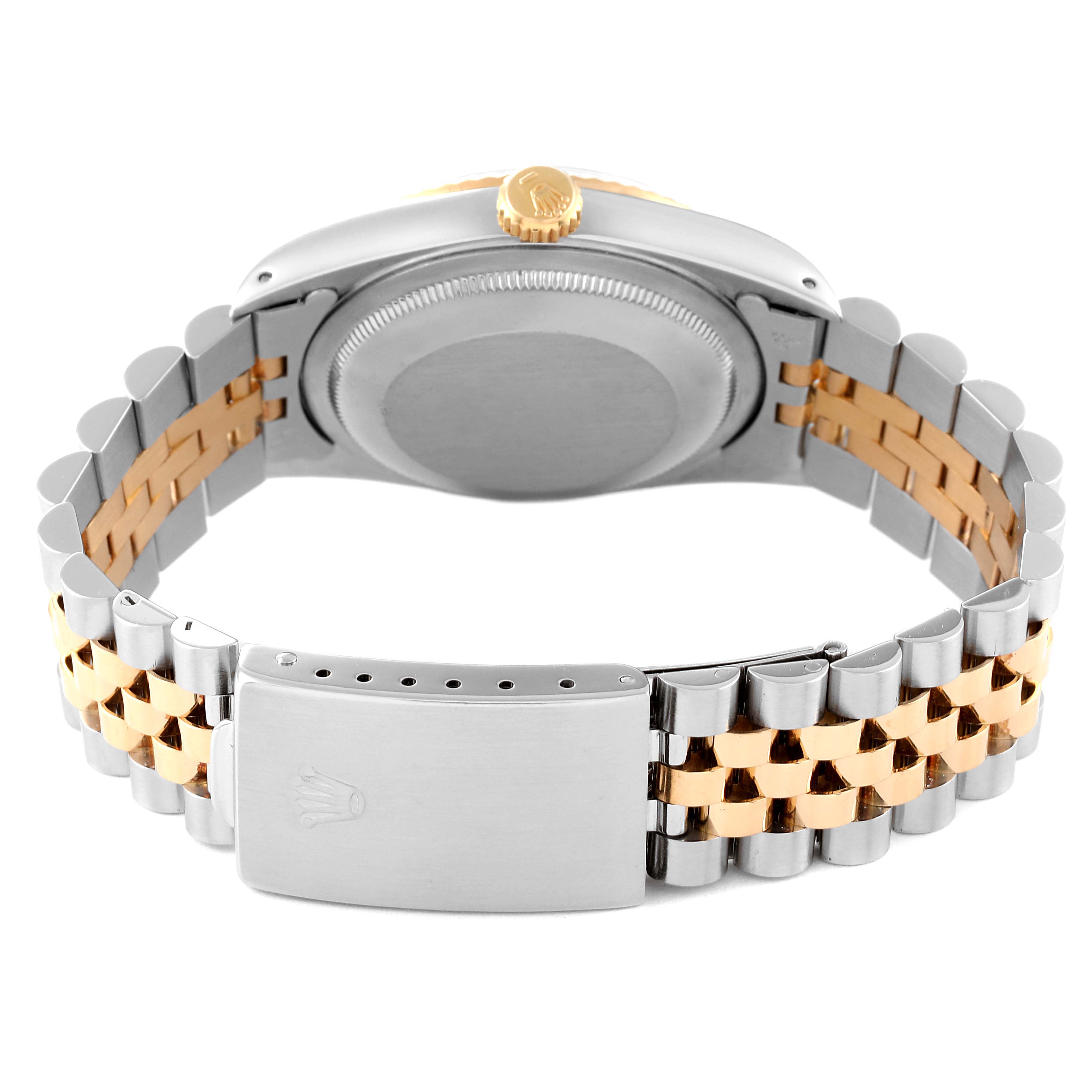 This image shows the back of a Rolex Datejust 16233 Men's Steel and Gold (two tone) Beige Dial 16233 Men's Steel and Gold (two tone) Beige Dial watch, highlighting the two-tone bracelet and clasp.