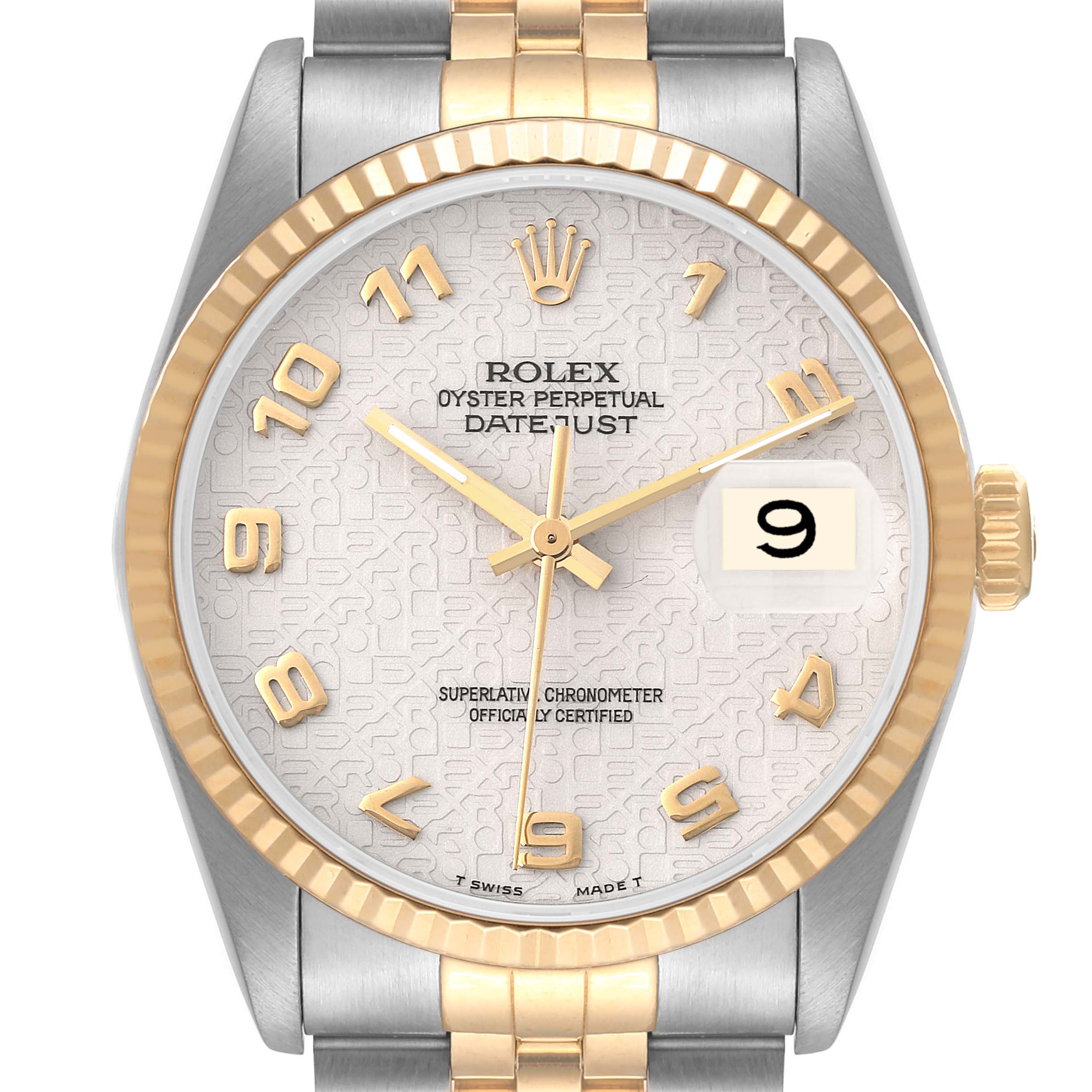 The image shows a front view of a Rolex Datejust 16233 Men's Steel and Gold (two tone) Beige Dial 16233 Men's Steel and Gold (two tone) Beige Dial watch, highlighting the dial, bezel, crown, and part of the bracelet.