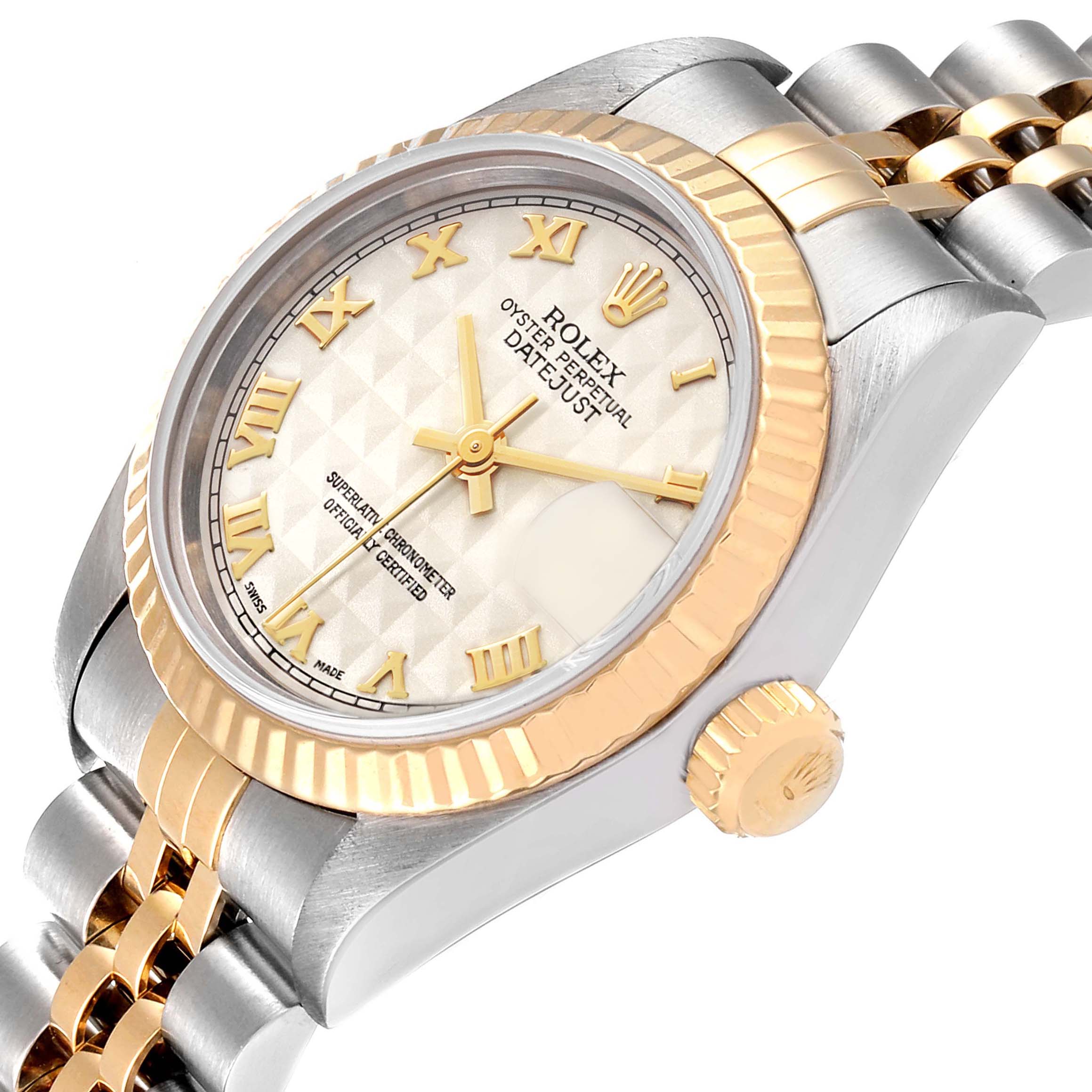 This image shows the Rolex Datejust 69173 Women's Steel and Gold (two tone) Beige Dial 69173 Women's Steel and Gold (two tone) Beige Dial watch from a slight side angle, highlighting the dial, bezel, crown, and part of the bracelet.