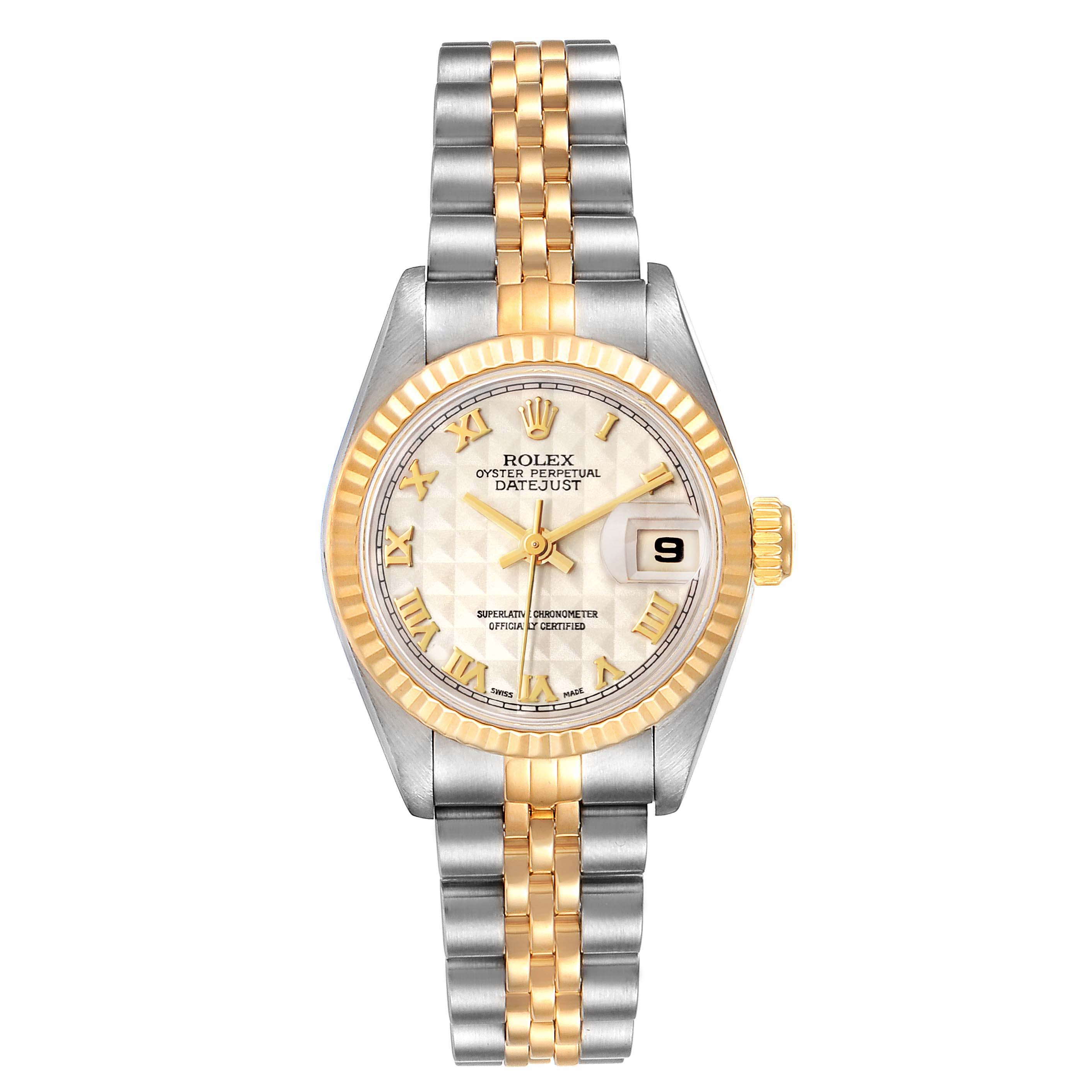 The image shows a Rolex Datejust 69173 Women's Steel and Gold (two tone) Beige Dial 69173 Women's Steel and Gold (two tone) Beige Dial watch from a front view, highlighting the dial, bracelet, bezel, and date window.