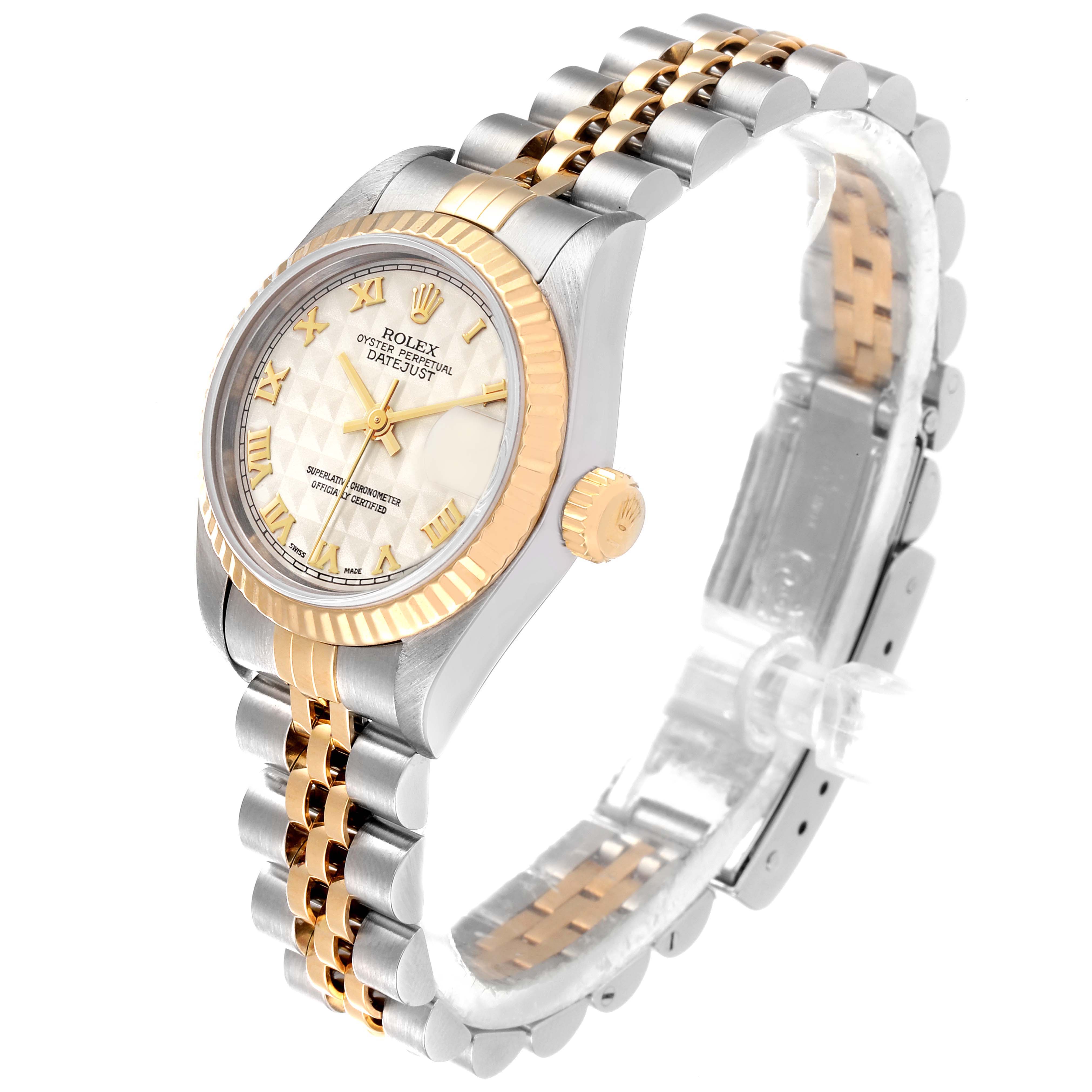 This Rolex Datejust 69173 Women's Steel and Gold (two tone) Beige Dial 69173 Women's Steel and Gold (two tone) Beige Dial watch is shown at an angle displaying the face, bezel, crown, and two-tone jubilee bracelet.