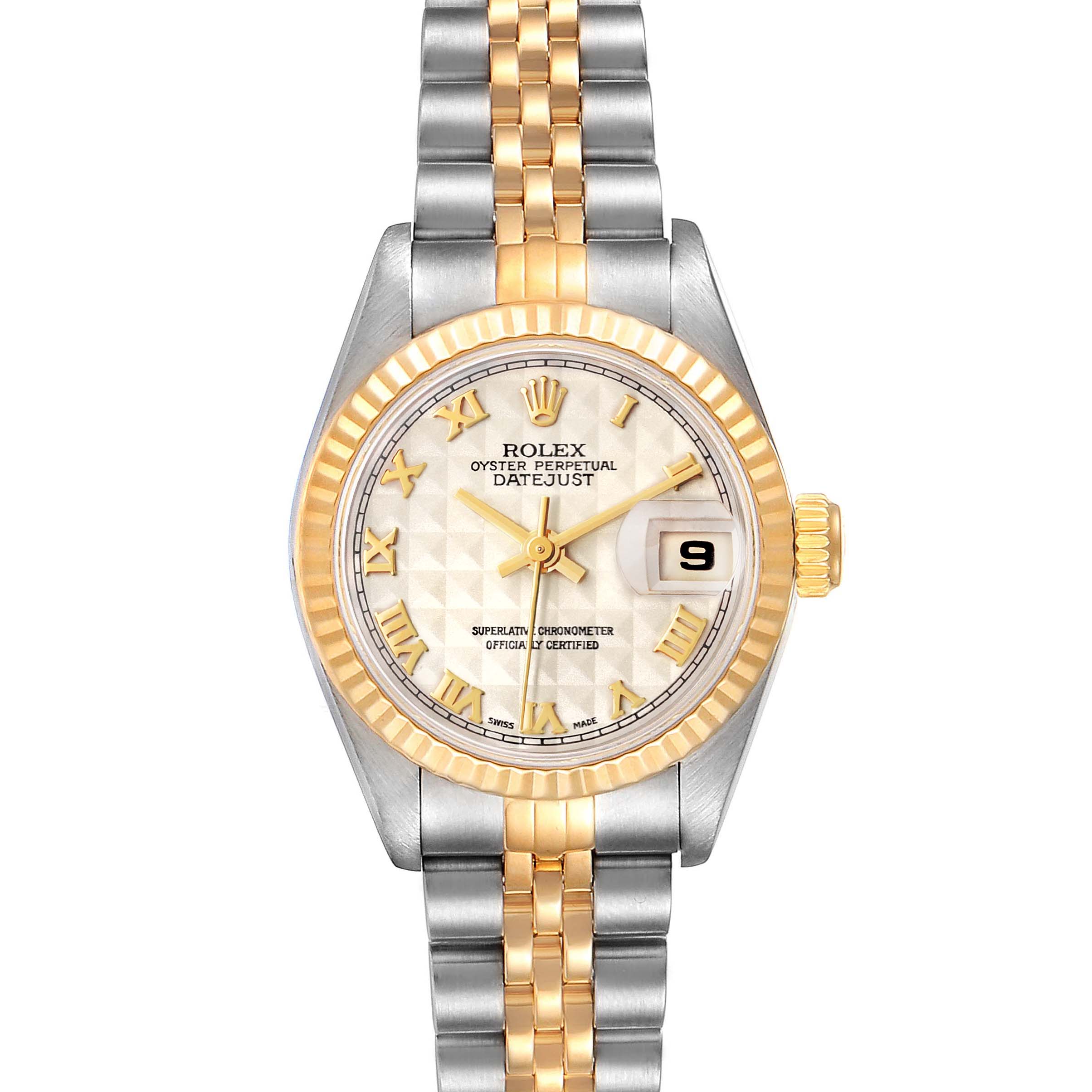 This Rolex Datejust 69173 Women's Steel and Gold (two tone) Beige Dial 69173 Women's Steel and Gold (two tone) Beige Dial watch is shown from a top-down angle, displaying the dial, bezel, and bracelet.