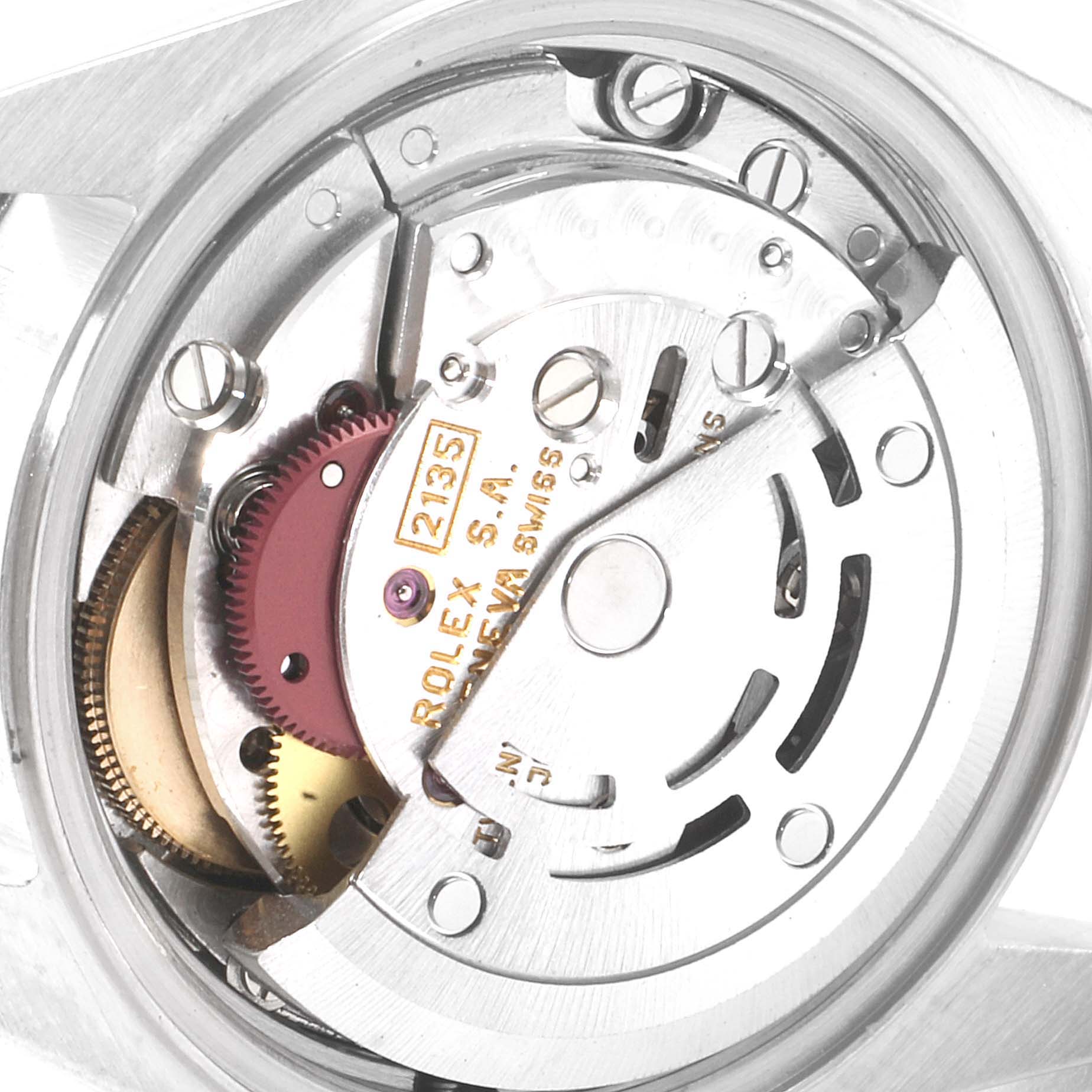 This image shows the internal mechanism and movement of a Rolex Datejust 69173 Women's Steel and Gold (two tone) Beige Dial 69173 Women's Steel and Gold (two tone) Beige Dial watch from a close-up, angled view.