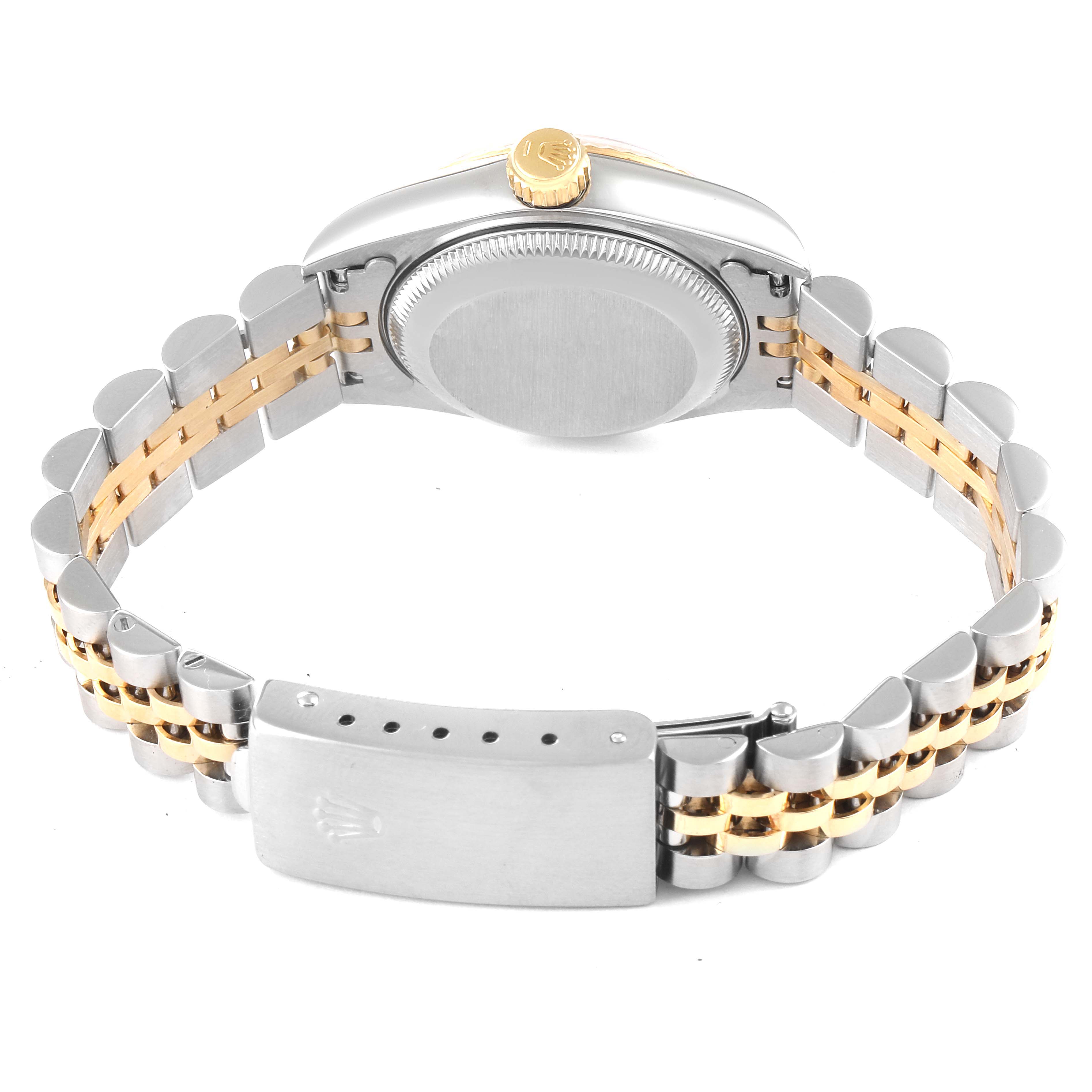 This image shows the back and bracelet of a Rolex Datejust 69173 Women's Steel and Gold (two tone) Beige Dial 69173 Women's Steel and Gold (two tone) Beige Dial watch, highlighting the clasp and case back.