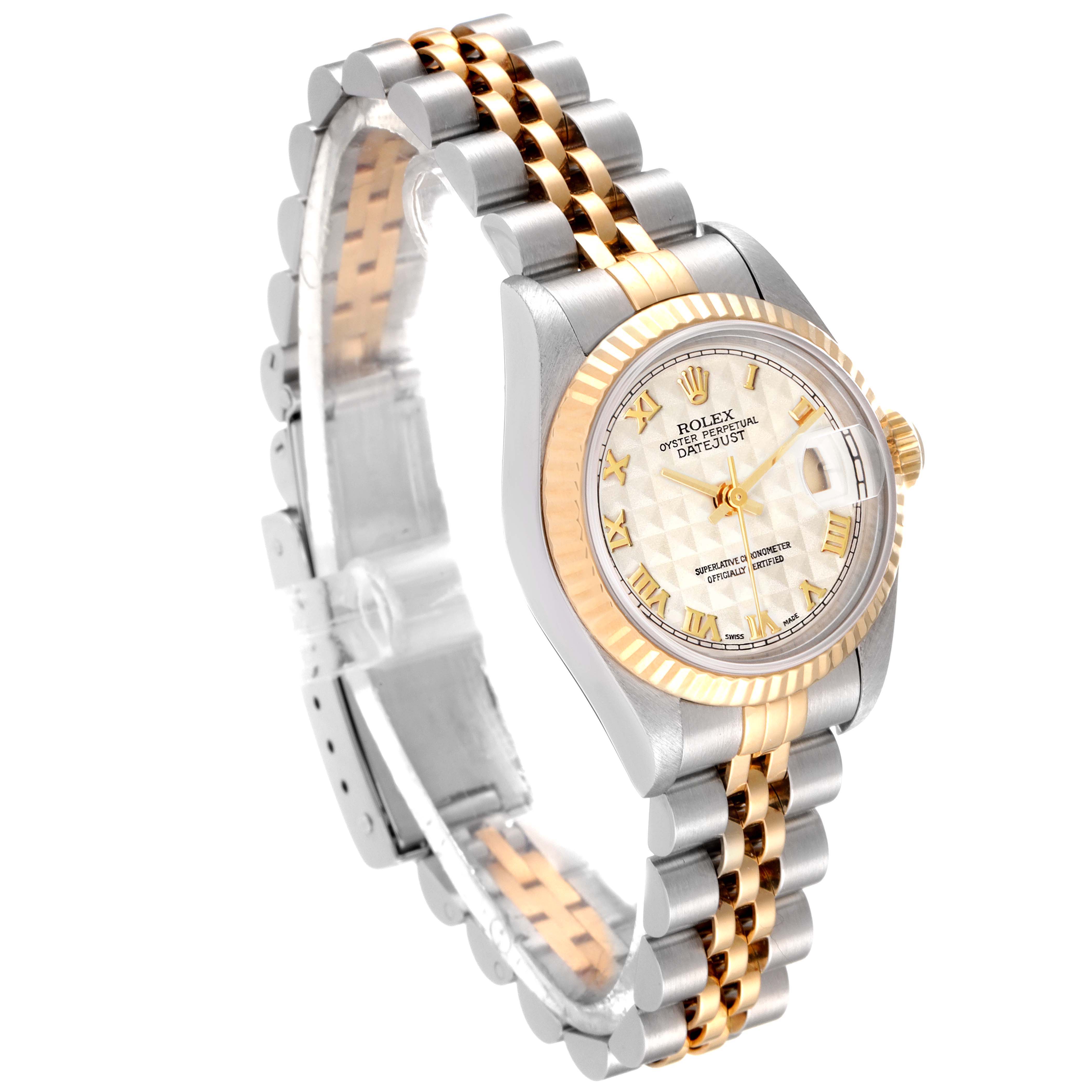 The image shows a Rolex Datejust 69173 Women's Steel and Gold (two tone) Beige Dial 69173 Women's Steel and Gold (two tone) Beige Dial watch from a slight side angle, highlighting its jubilee bracelet and fluted bezel.