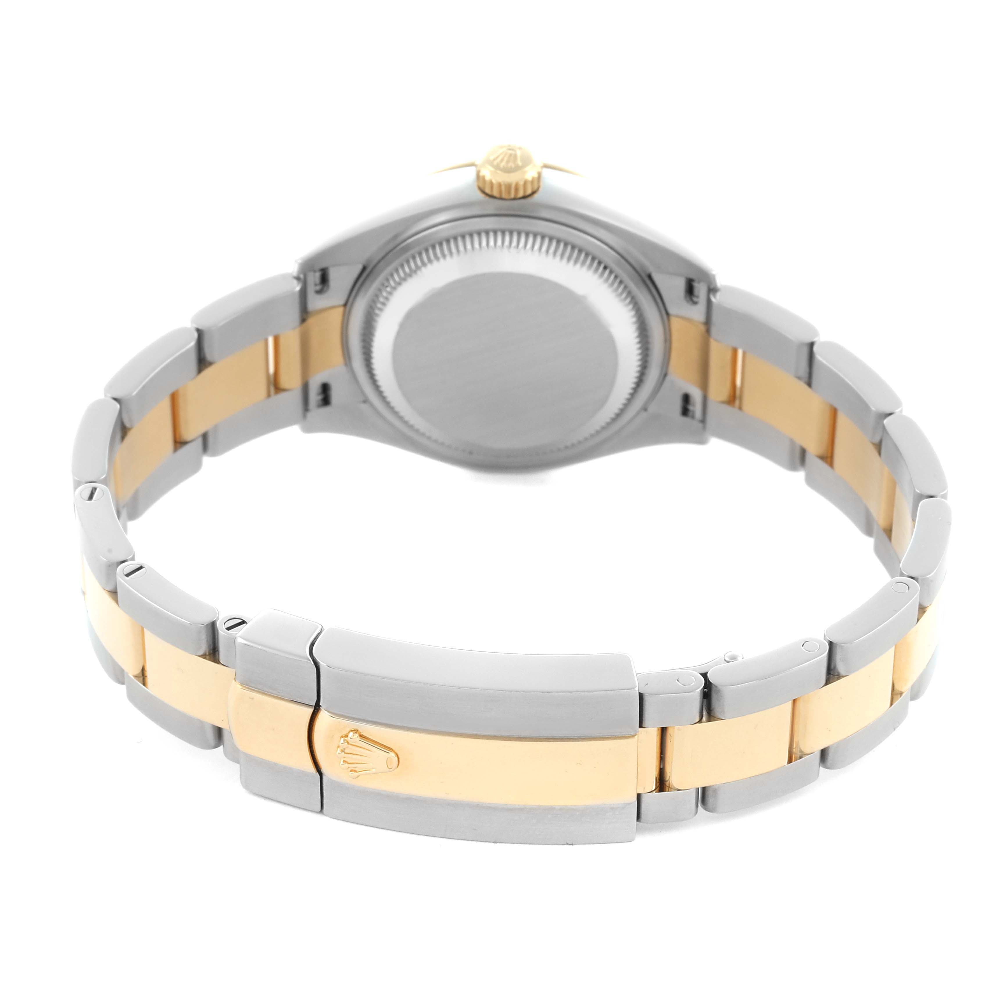 The image shows the back view of a Rolex Datejust 67166 Women's Steel and Gold (two tone) Champagne Dial 67166 Women's Steel and Gold (two tone) Champagne Dial watch, highlighting the case back and two-tone bracelet clasp.