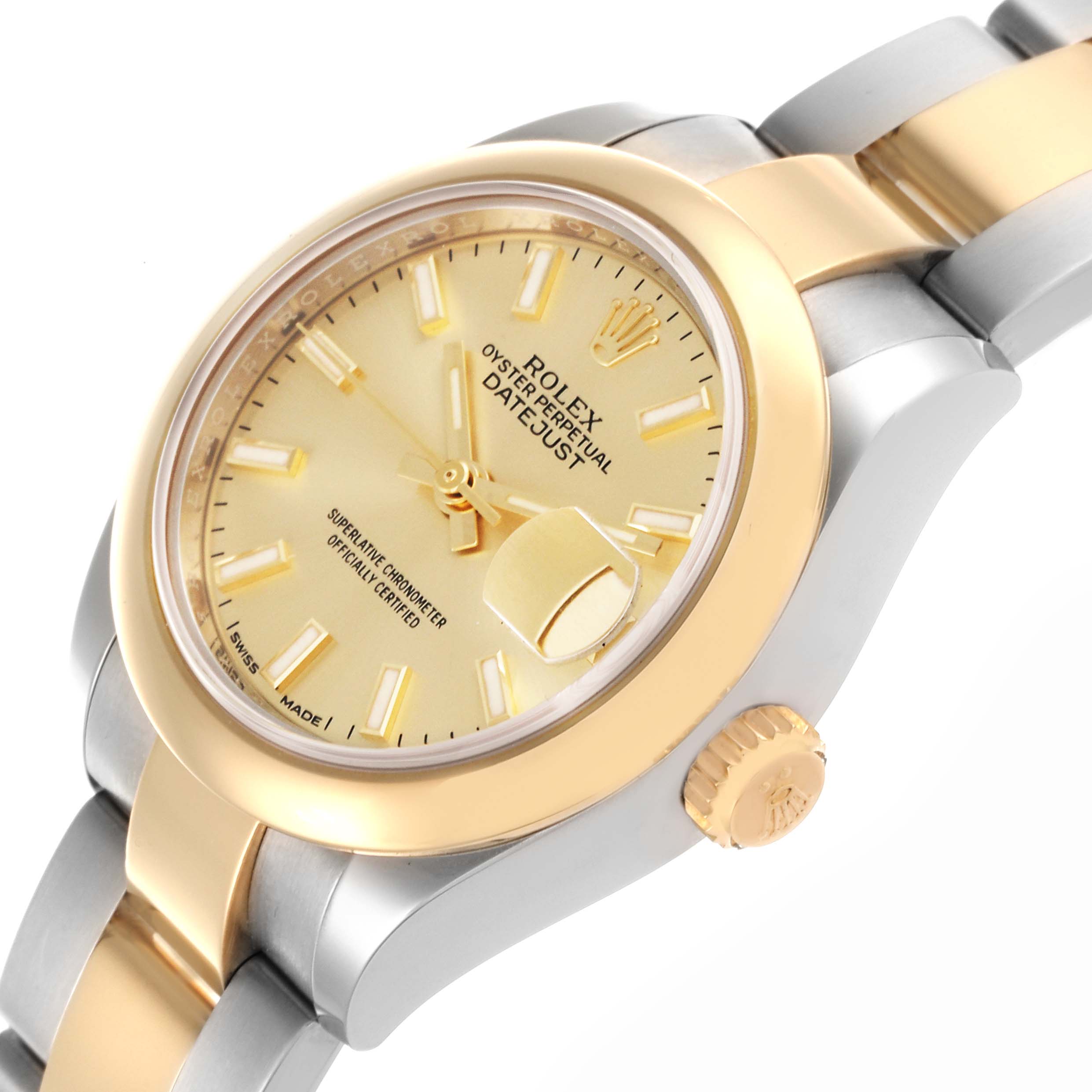 The image shows a Rolex Datejust 67166 Women's Steel and Gold (two tone) Champagne Dial 67166 Women's Steel and Gold (two tone) Champagne Dial watch at a top-side angle, highlighting the dial, bezel, and part of the bracelet.