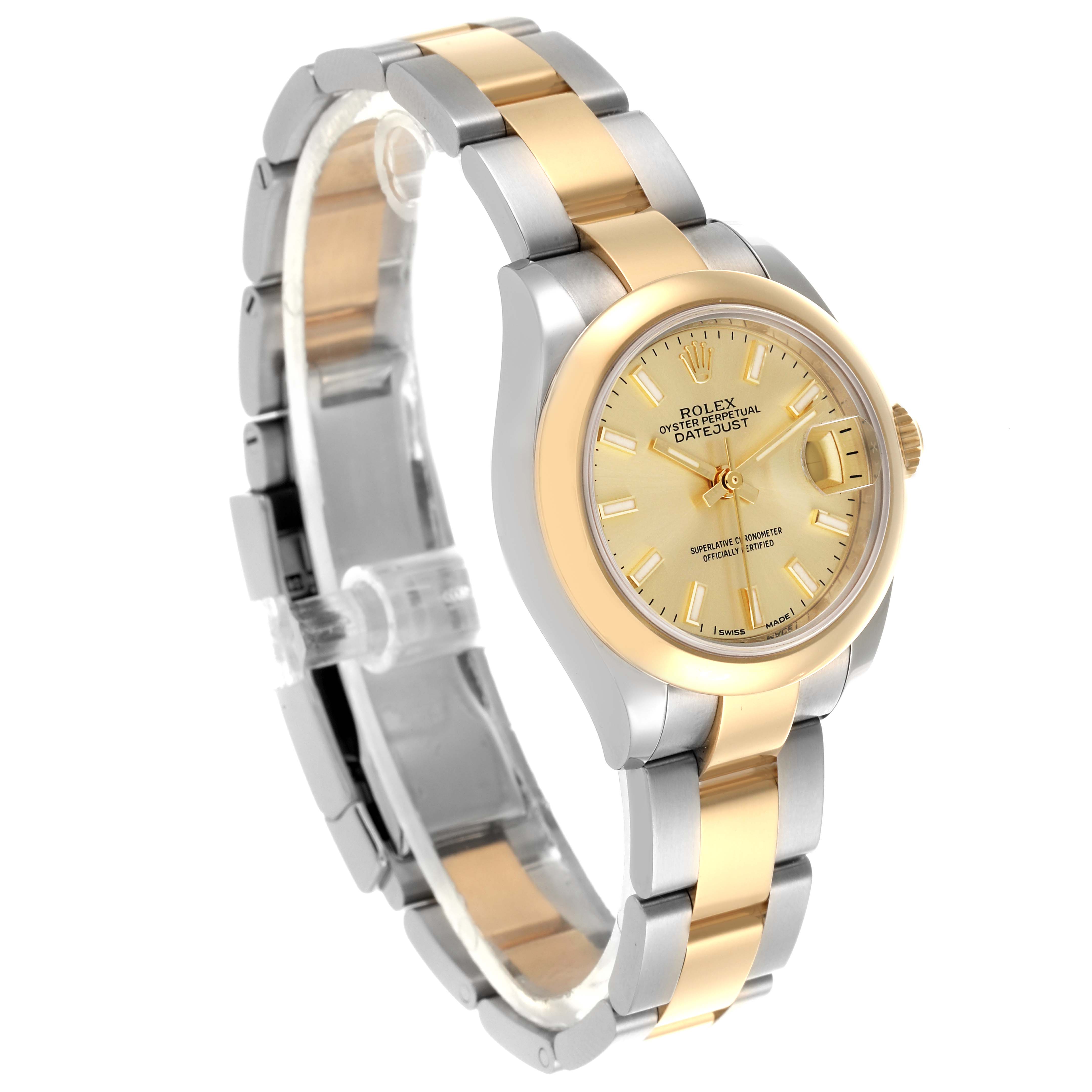 The Rolex Datejust 67166 Women's Steel and Gold (two tone) Champagne Dial 67166 Women's Steel and Gold (two tone) Champagne Dial watch is shown at an angled side view, highlighting the dial, bezel, and part of the bracelet.
