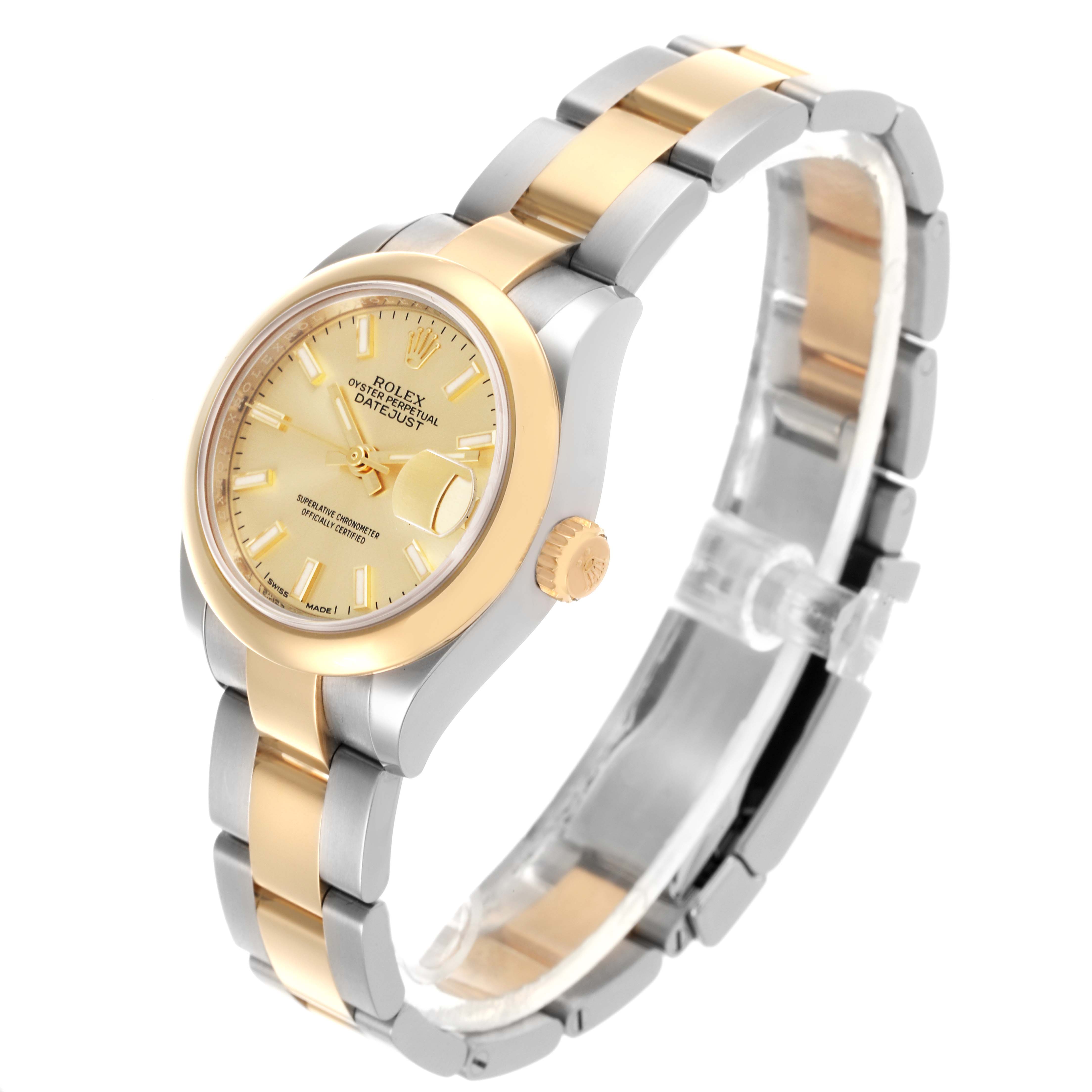The Rolex Datejust 67166 Women's Steel and Gold (two tone) Champagne Dial 67166 Women's Steel and Gold (two tone) Champagne Dial watch is shown at a slight angle emphasizing the face, bezel, crown, and bracelet.