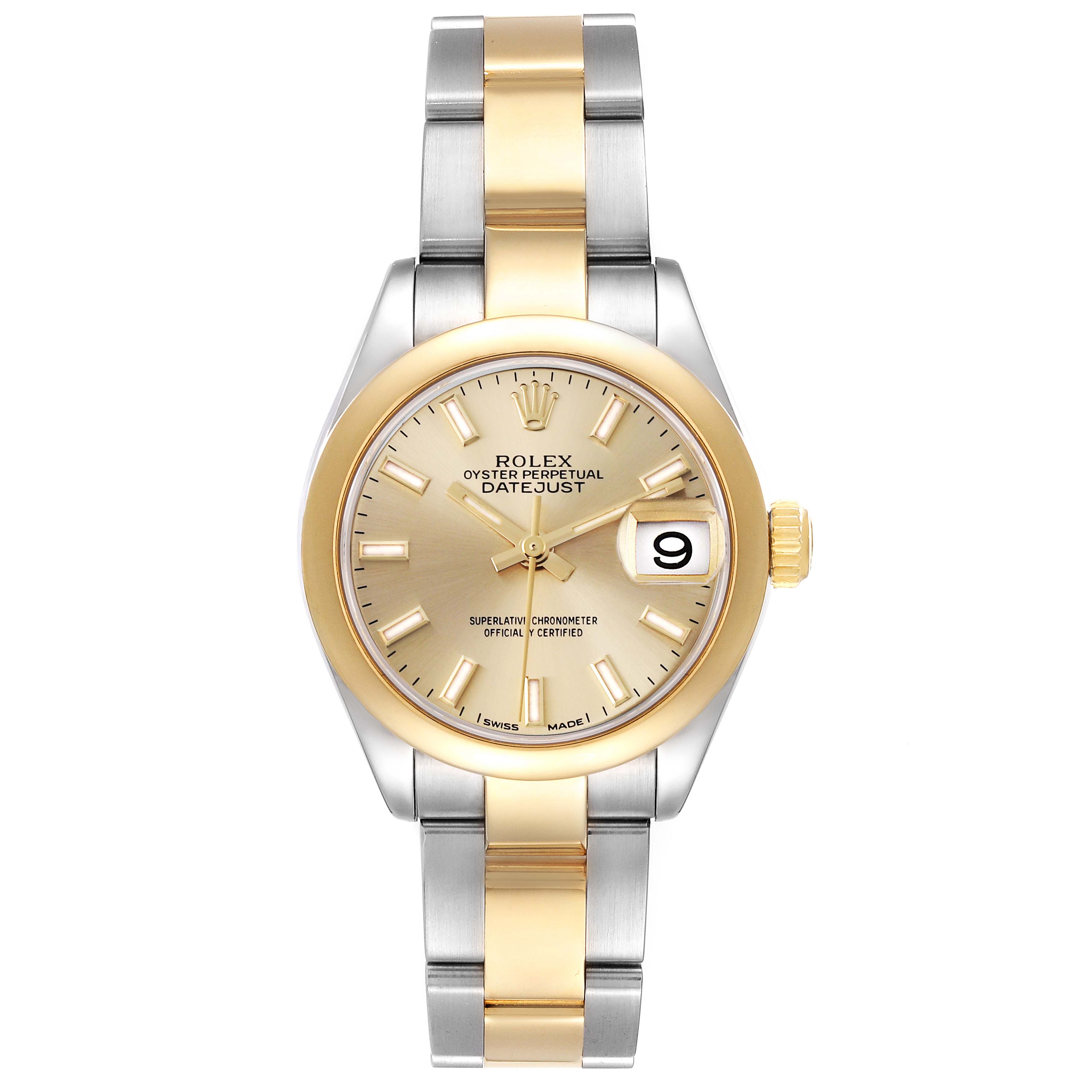 The Rolex Datejust 67166 Women's Steel and Gold (two tone) Champagne Dial 67166 Women's Steel and Gold (two tone) Champagne Dial watch is shown from a top view, highlighting its face, bezel, and bracelet.