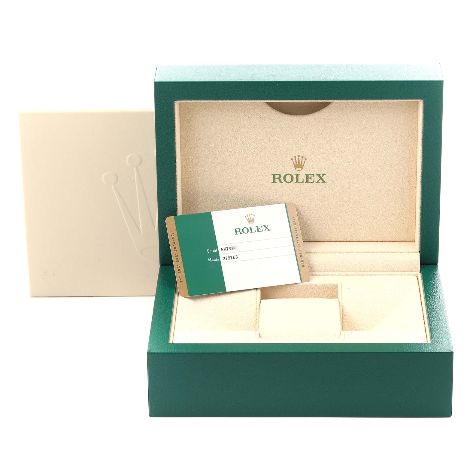 The image shows the Rolex Datejust 67166 Women's Steel and Gold (two tone) Champagne Dial 67166 Women's Steel and Gold (two tone) Champagne Dial packaging, including an open box and a model card, viewed from the front.