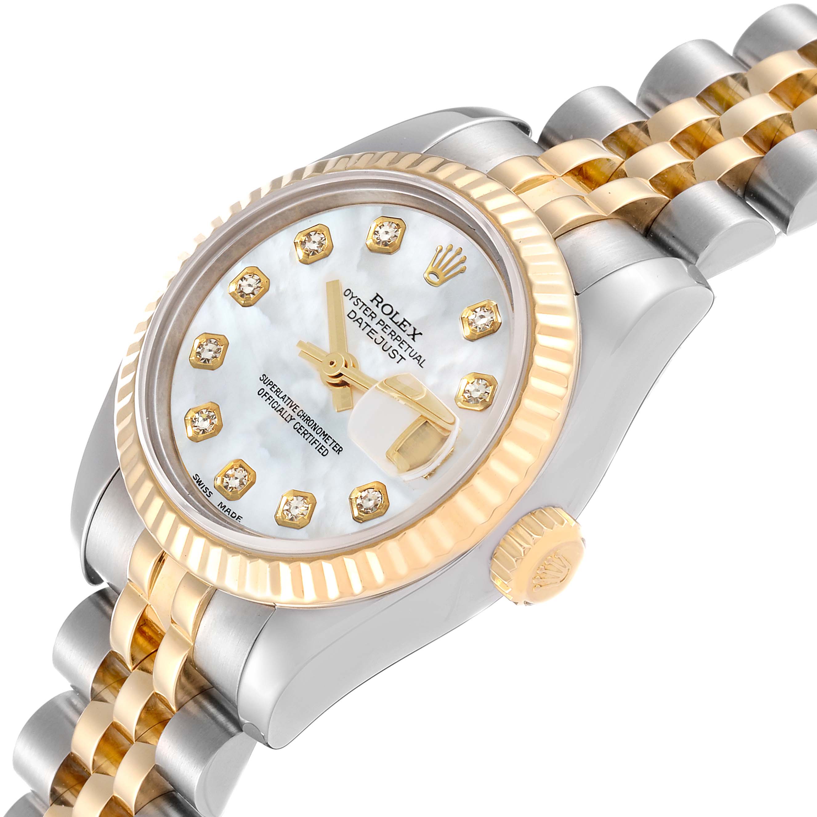 The image shows a Rolex Datejust 179173 Women's Steel and Gold (two tone) Mother of Pearl Dial 179173 Women's Steel and Gold (two tone) Mother of Pearl Dial watch at a tilted angle, highlighting the dial, bezel, crown, and part of the bracelet.