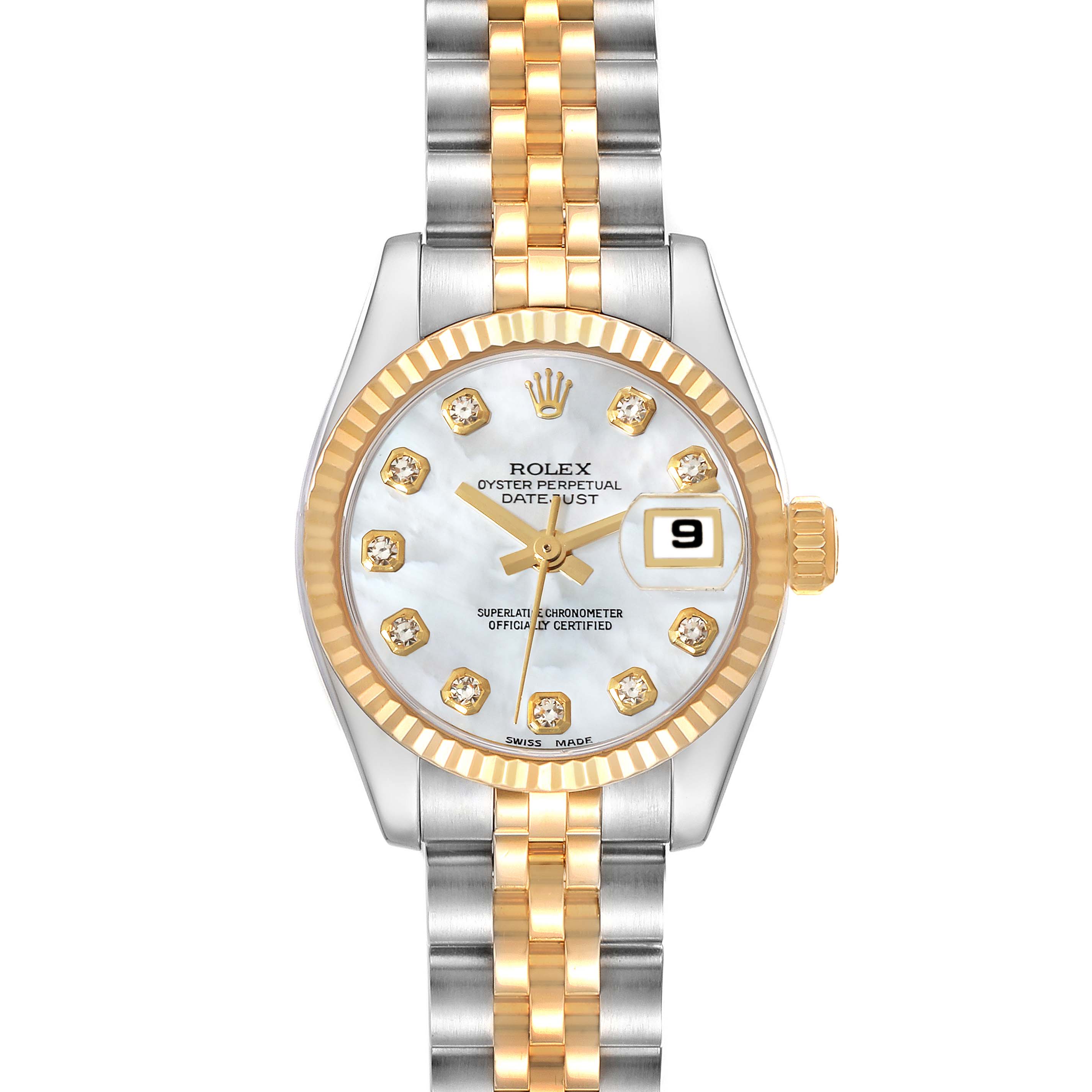 The image shows a front view of the Rolex Datejust 179173 Women's Steel and Gold (two tone) Mother of Pearl Dial 179173 Women's Steel and Gold (two tone) Mother of Pearl Dial watch, highlighting the face, bezel, and bracelet.