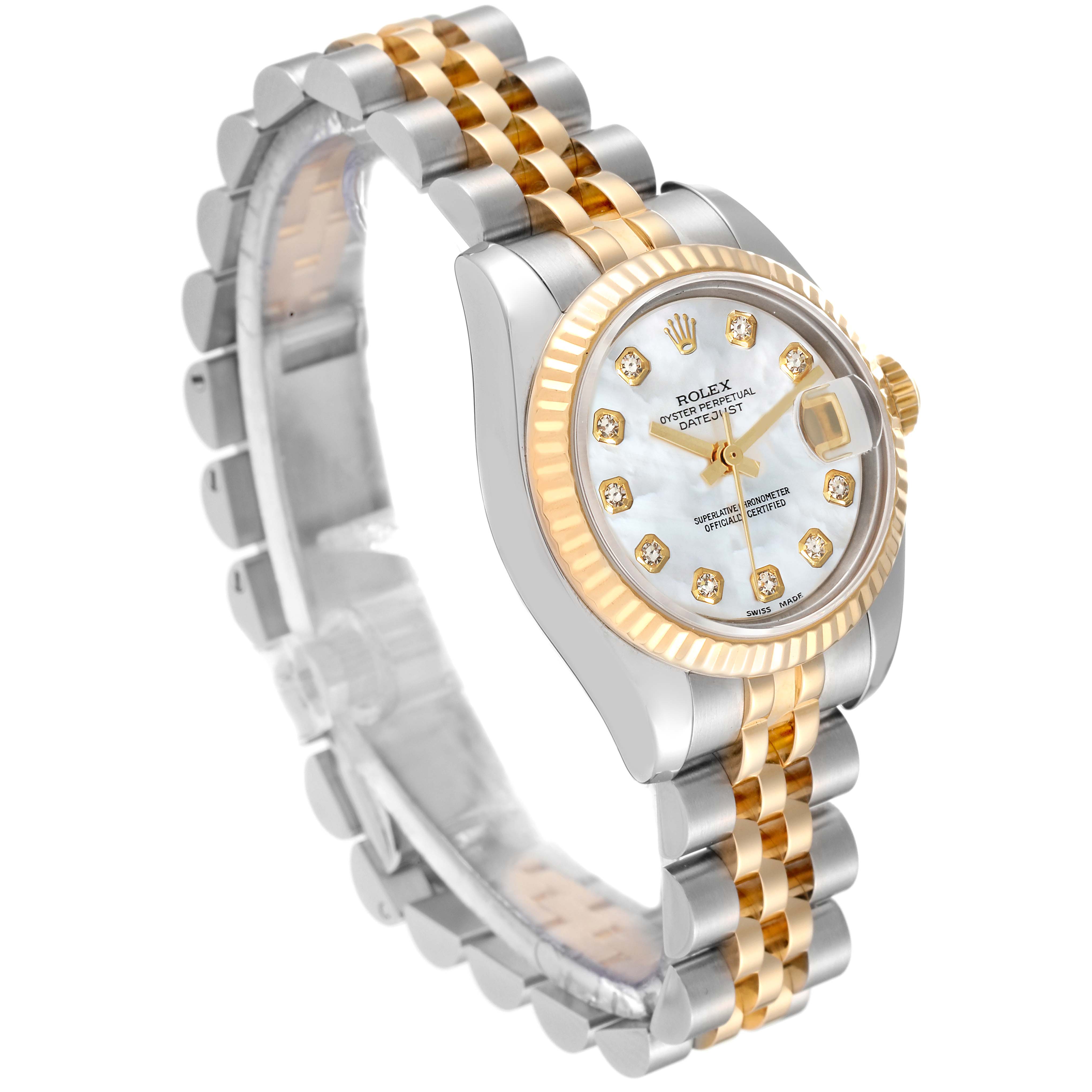 This image shows a Rolex Datejust 179173 Women's Steel and Gold (two tone) Mother of Pearl Dial 179173 Women's Steel and Gold (two tone) Mother of Pearl Dial watch angled to display the dial, fluted bezel, and Jubilee bracelet.