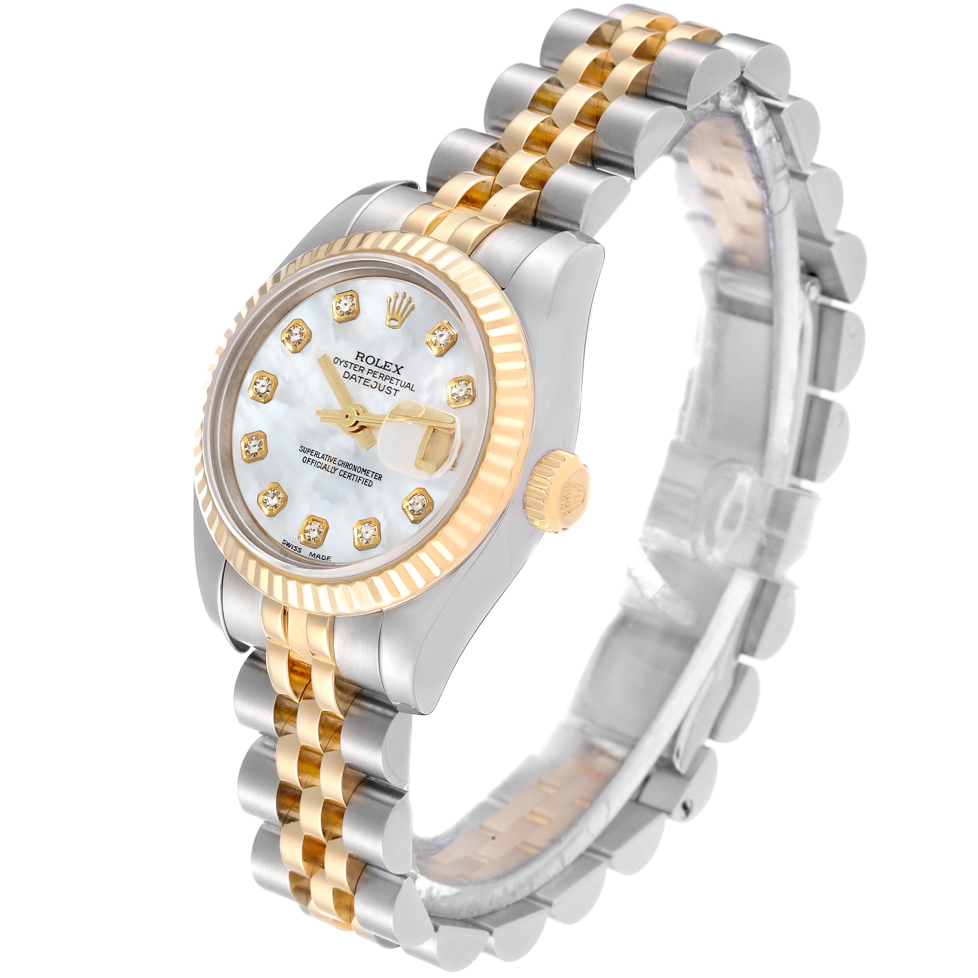 This image shows a Rolex Datejust 179173 Women's Steel and Gold (two tone) Mother of Pearl Dial 179173 Women's Steel and Gold (two tone) Mother of Pearl Dial model watch angled from the front-right, highlighting its two-tone bracelet and diamond dial.