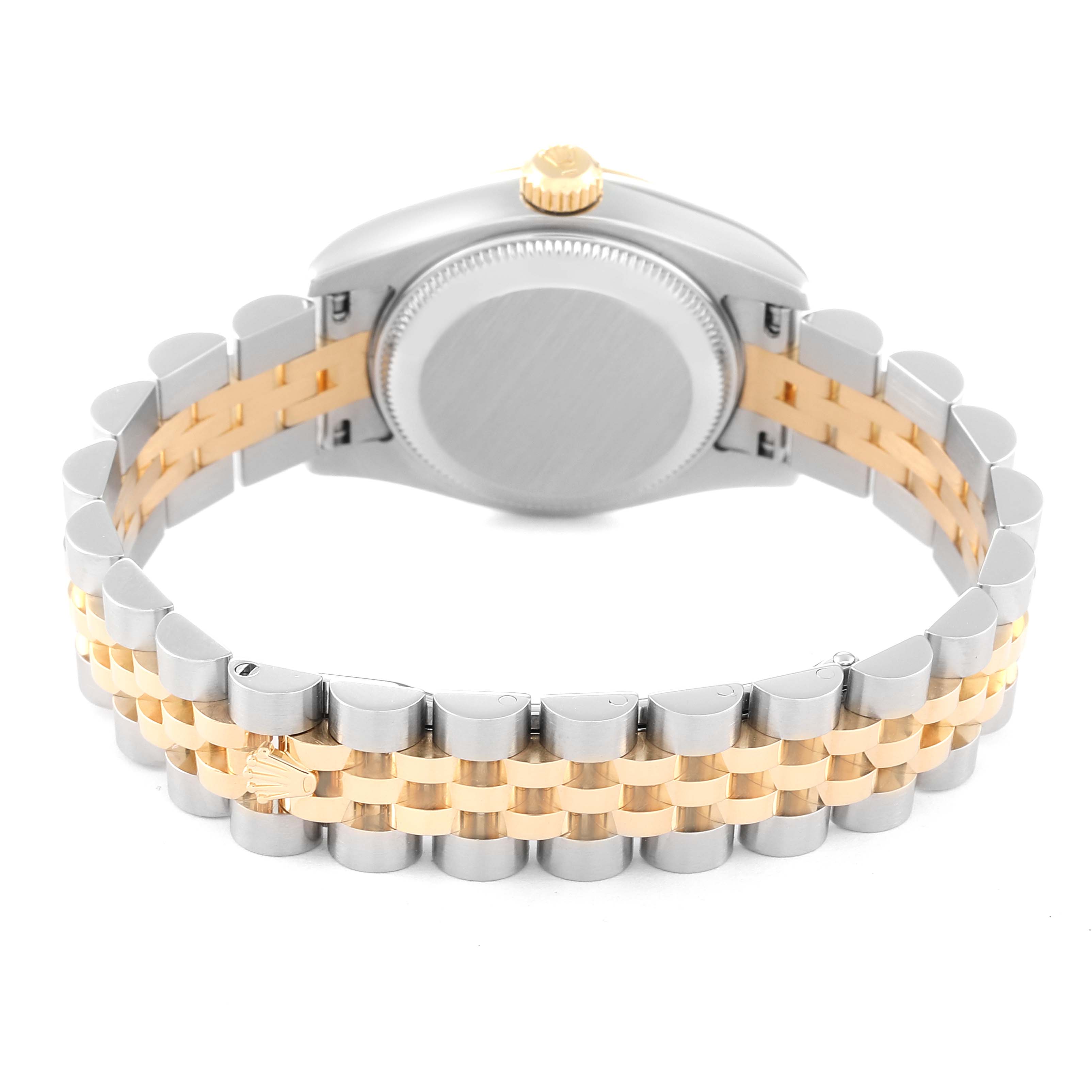 This image shows the back view of a Rolex Datejust 179173 Women's Steel and Gold (two tone) Mother of Pearl Dial 179173 Women's Steel and Gold (two tone) Mother of Pearl Dial watch, highlighting the case back, bracelet, and the clasp with the crown logo.