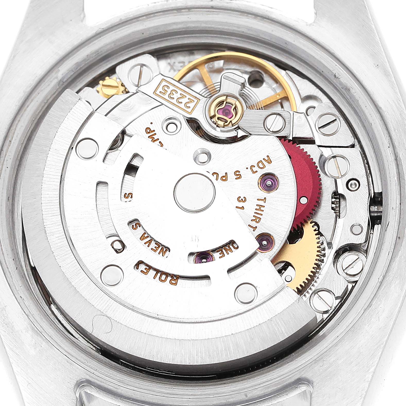 This image shows the internal mechanical movement of a Rolex Datejust 179173 Women's Steel and Gold (two tone) Mother of Pearl Dial 179173 Women's Steel and Gold (two tone) Mother of Pearl Dial watch taken from a top-down angle.