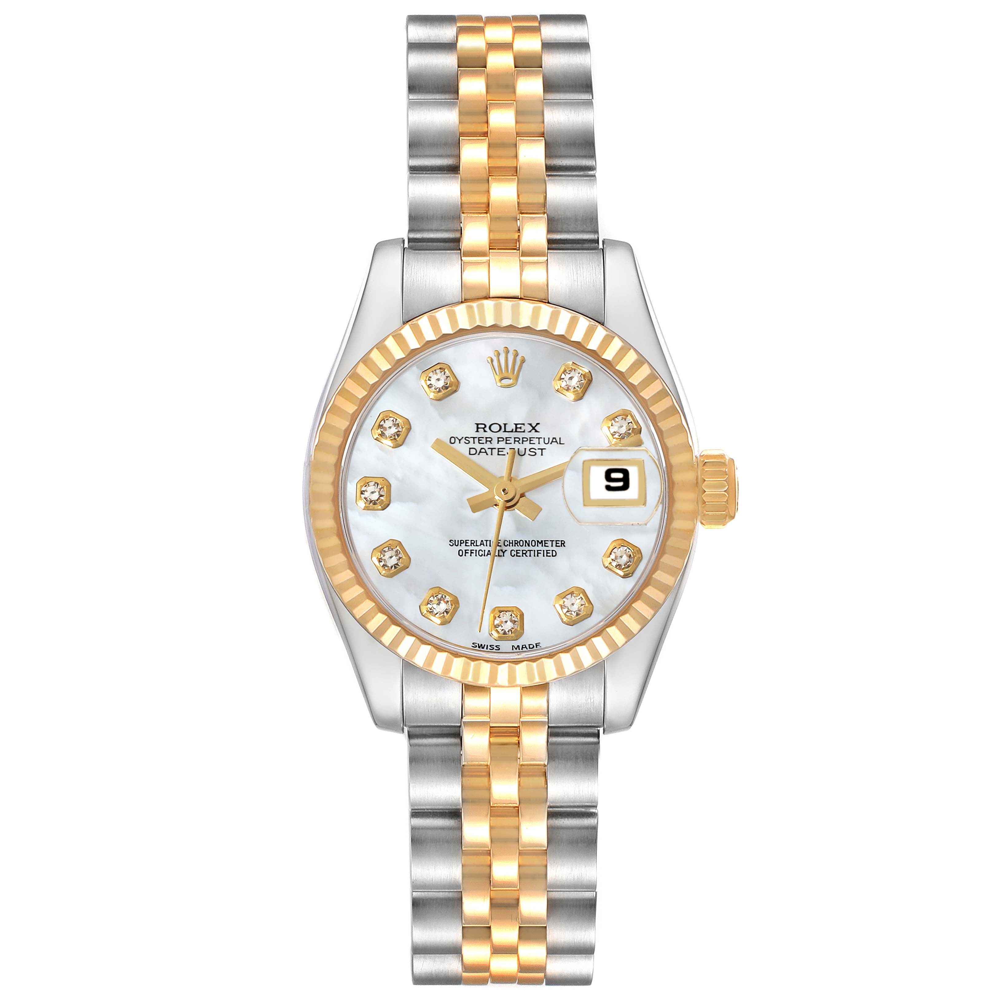 The image shows the face, bezel, and bracelet of a Rolex Datejust 179173 Women's Steel and Gold (two tone) Mother of Pearl Dial 179173 Women's Steel and Gold (two tone) Mother of Pearl Dial watch from a top-down angle.