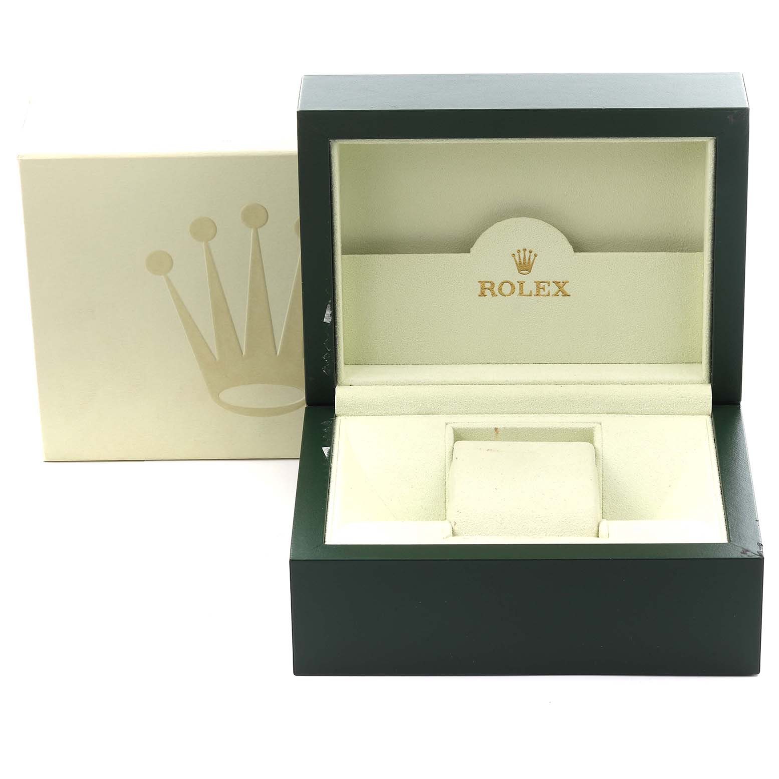 The image shows an open Rolex Datejust 116243 Men's Steel and Gold (two tone) Mother of Pearl Dial 116243 Men's Steel and Gold (two tone) Mother of Pearl Dial box and packaging from a front angle, highlighting the interior and logo.