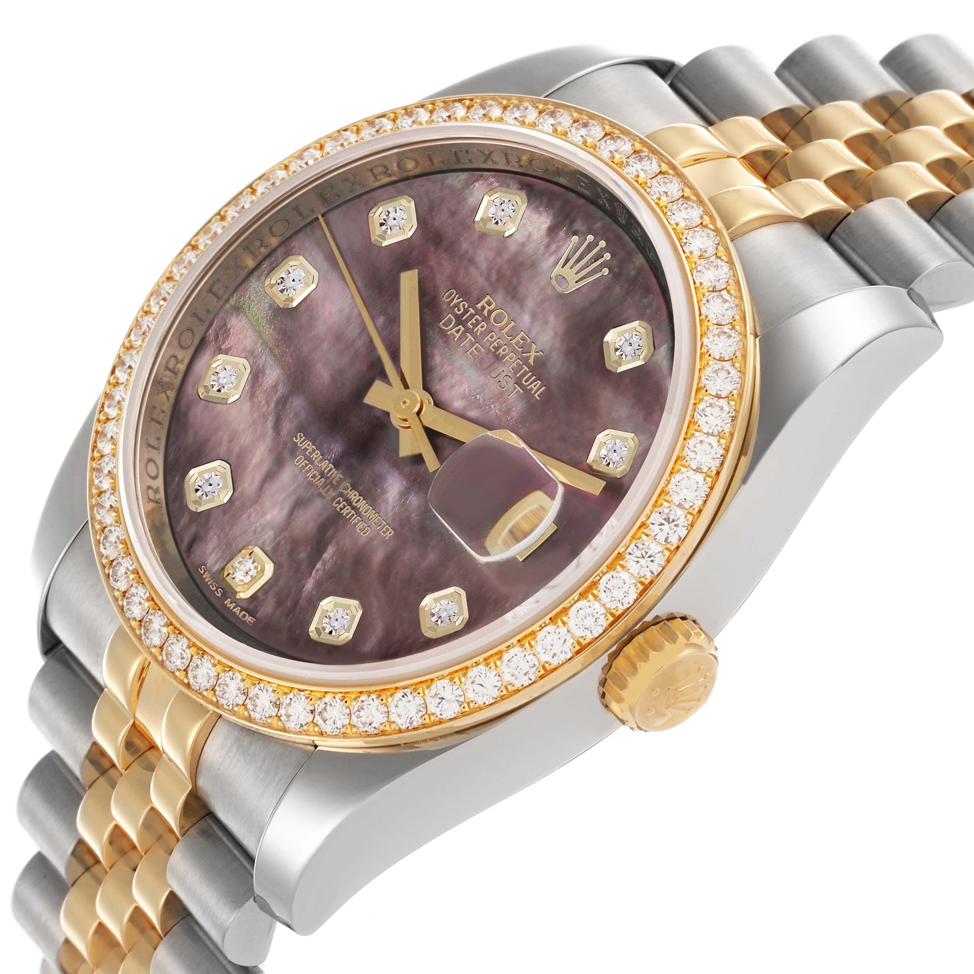 The Rolex Datejust 116243 Men's Steel and Gold (two tone) Mother of Pearl Dial 116243 Men's Steel and Gold (two tone) Mother of Pearl Dial is shown from an angled view displaying the dial, diamond bezel, and part of the bracelet.
