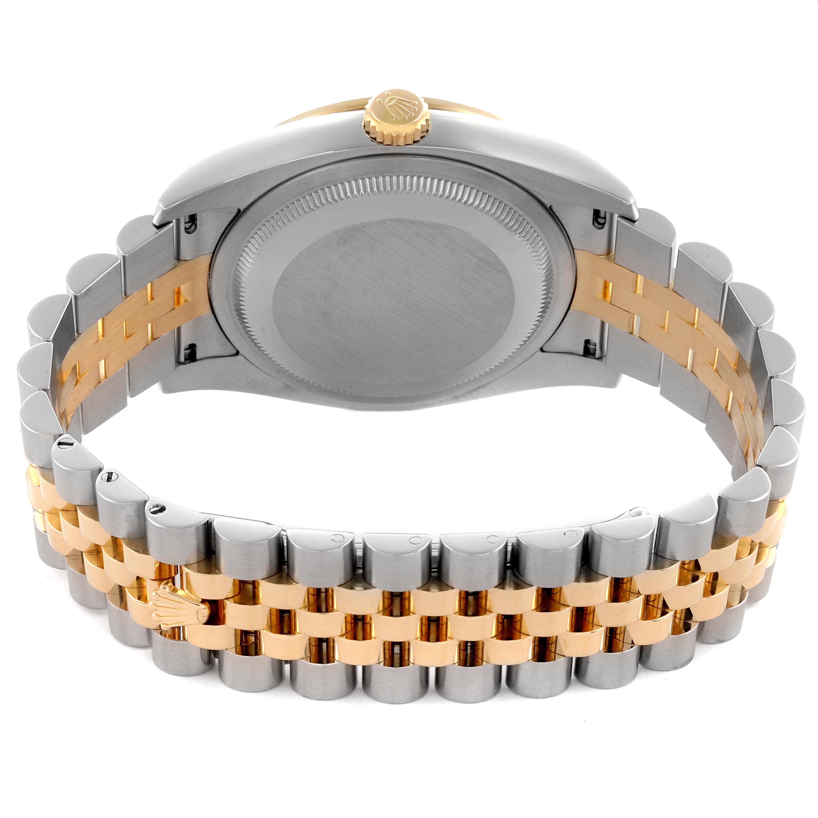 The image shows the back view of a Rolex Datejust 116243 Men's Steel and Gold (two tone) Mother of Pearl Dial 116243 Men's Steel and Gold (two tone) Mother of Pearl Dial, displaying the case back and two-tone bracelet.