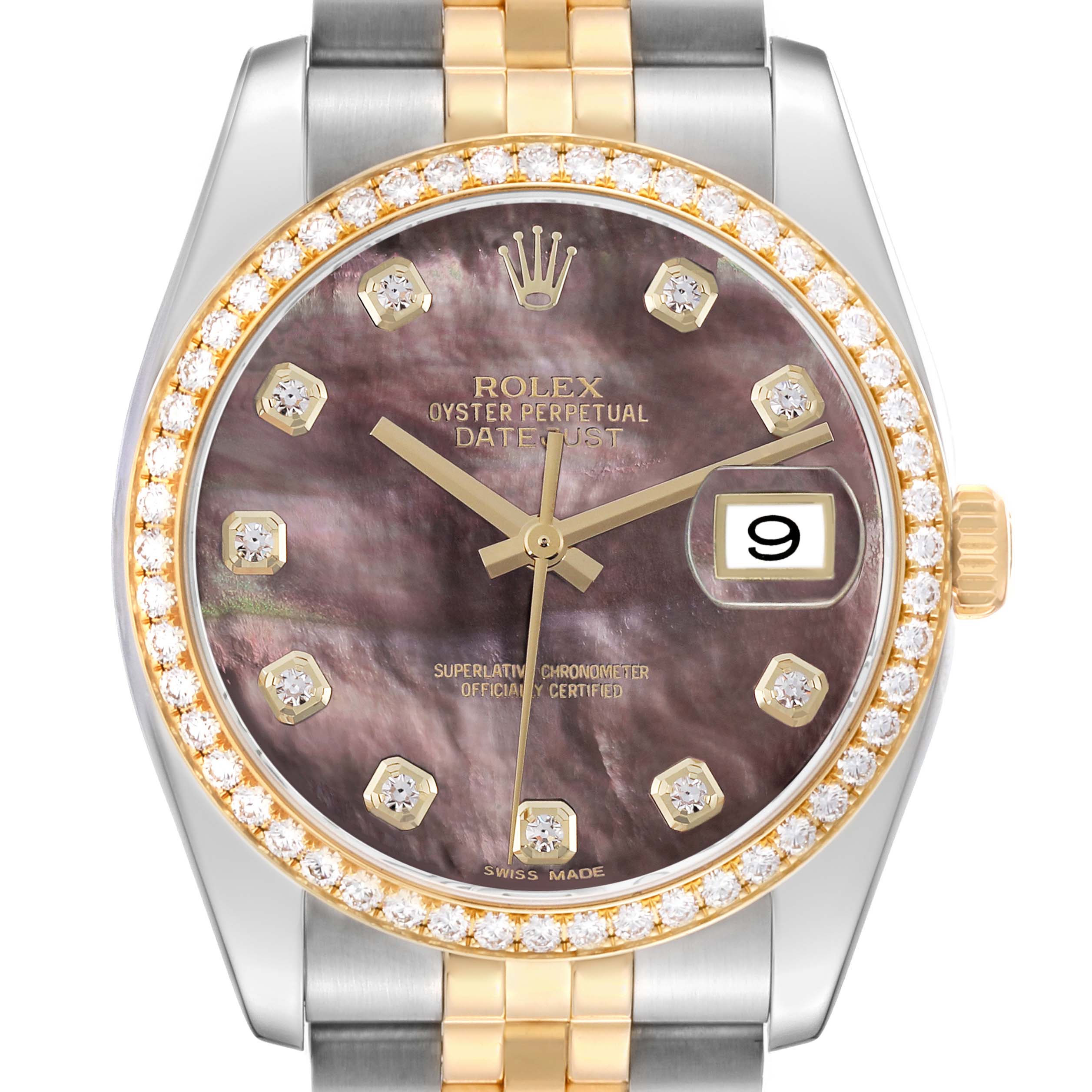 The Rolex Datejust 116243 Men's Steel and Gold (two tone) Mother of Pearl Dial 116243 Men's Steel and Gold (two tone) Mother of Pearl Dial watch is shown from the front, highlighting the face, bezel, crown, and part of the bracelet.