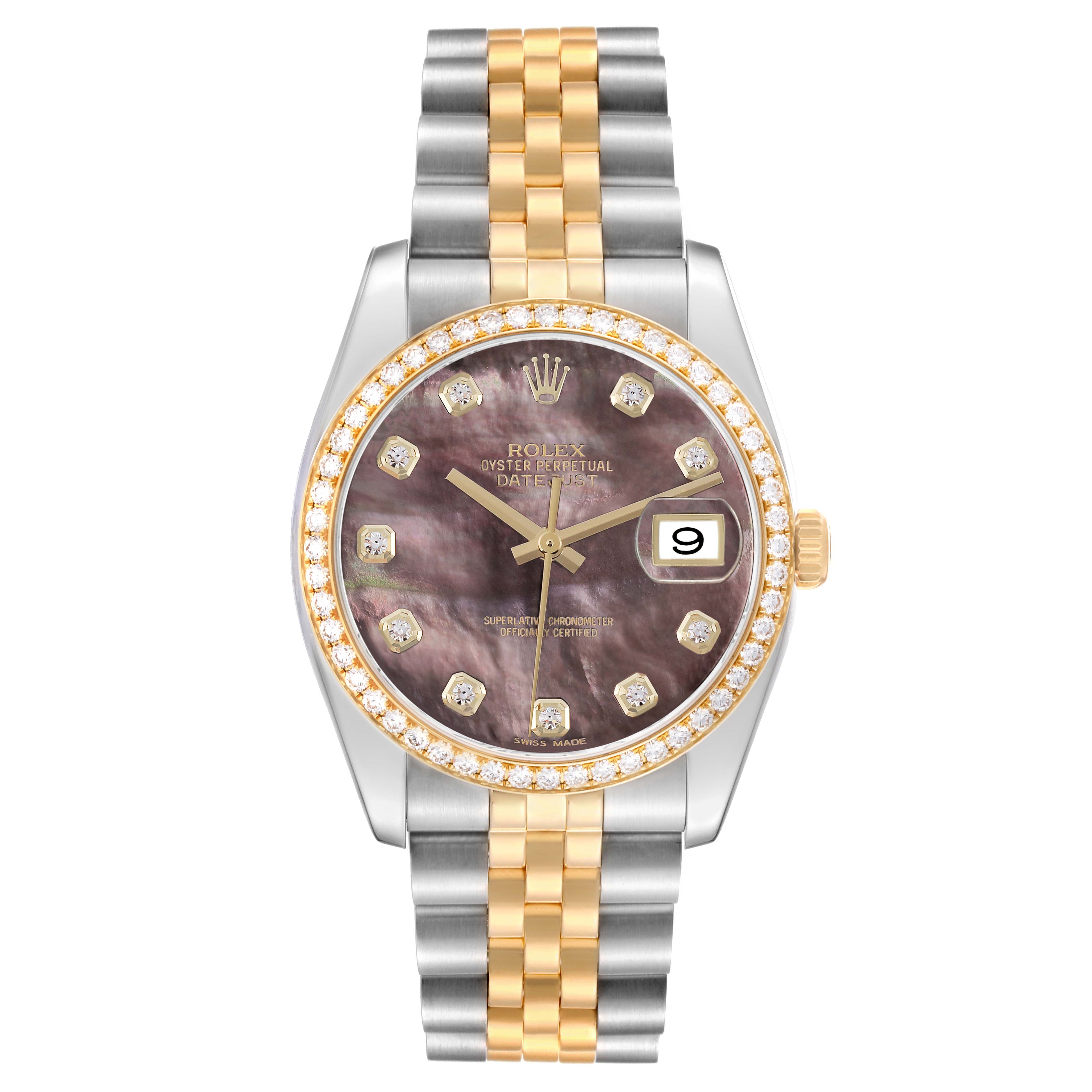 The Rolex Datejust 116243 Men's Steel and Gold (two tone) Mother of Pearl Dial 116243 Men's Steel and Gold (two tone) Mother of Pearl Dial watch is shown from a top-down angle, highlighting the dial, bezel, and bracelet.