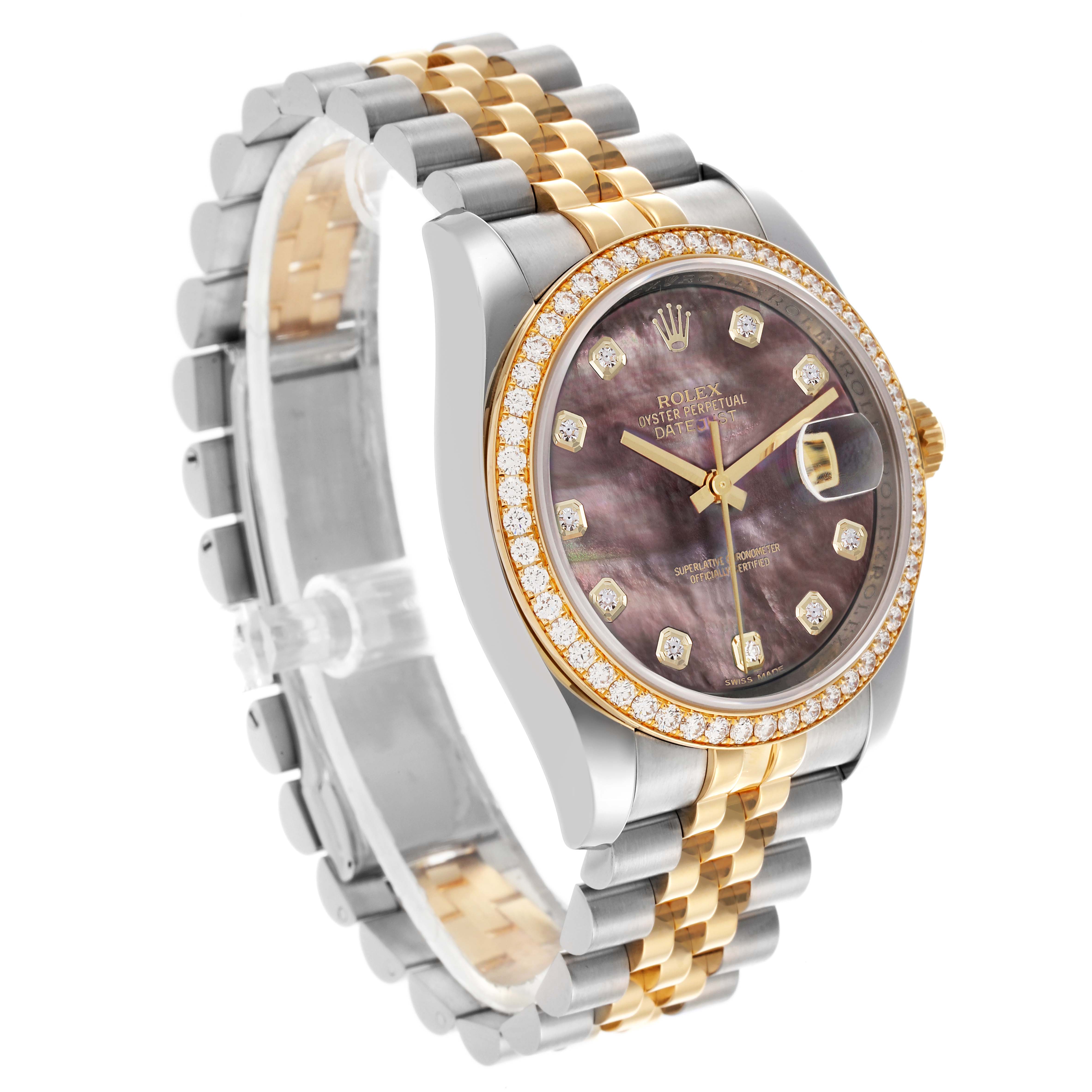 The Rolex Datejust 116243 Men's Steel and Gold (two tone) Mother of Pearl Dial 116243 Men's Steel and Gold (two tone) Mother of Pearl Dial watch is shown from a side angle, highlighting the dial, two-tone bracelet, and diamond bezel.