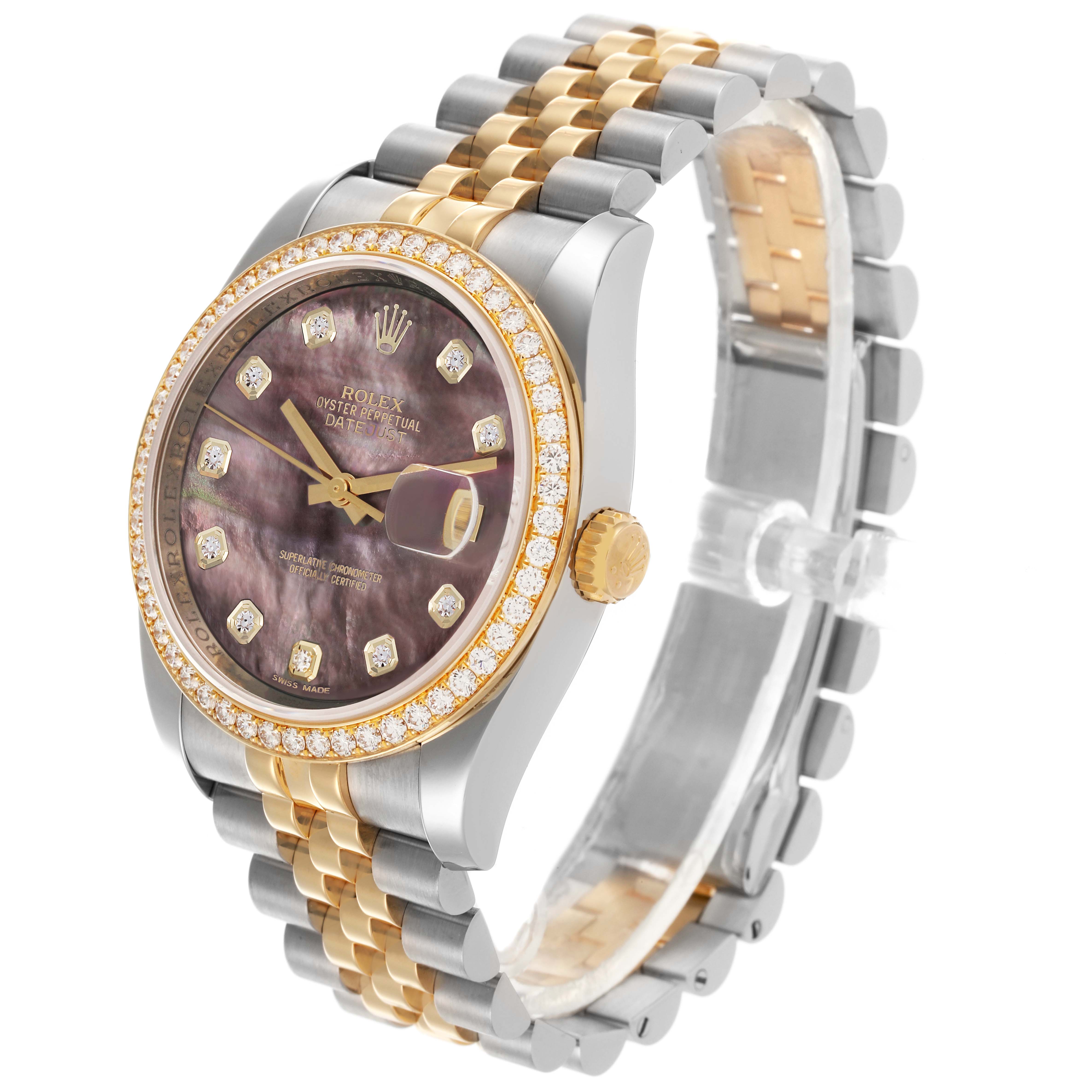 The Rolex Datejust 116243 Men's Steel and Gold (two tone) Mother of Pearl Dial 116243 Men's Steel and Gold (two tone) Mother of Pearl Dial watch is shown at a three-quarter angle, highlighting its face, bezel, and two-tone bracelet.