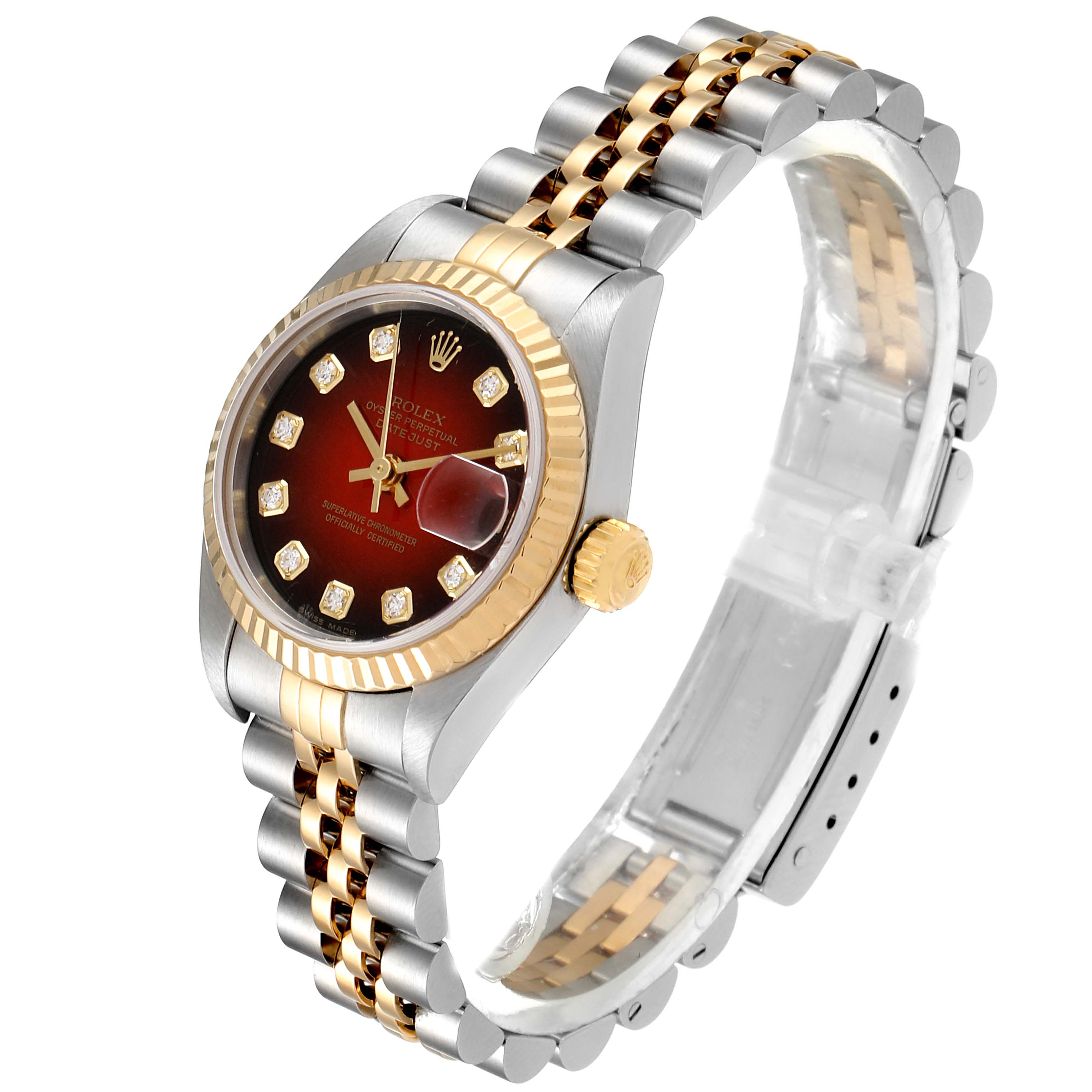 This Rolex Datejust 79173 Women's Steel and Gold (two tone) Red Dial 79173 Women's Steel and Gold (two tone) Red Dial watch is shown from a front-left angle, highlighting the dial, bezel, crown, and bracelet.