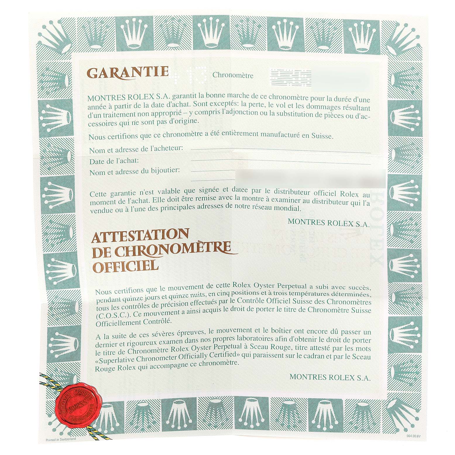 This is a warranty and official chronometer certification document for a Rolex Datejust 79173 Women's Steel and Gold (two tone) Red Dial 79173 Women's Steel and Gold (two tone) Red Dial watch.