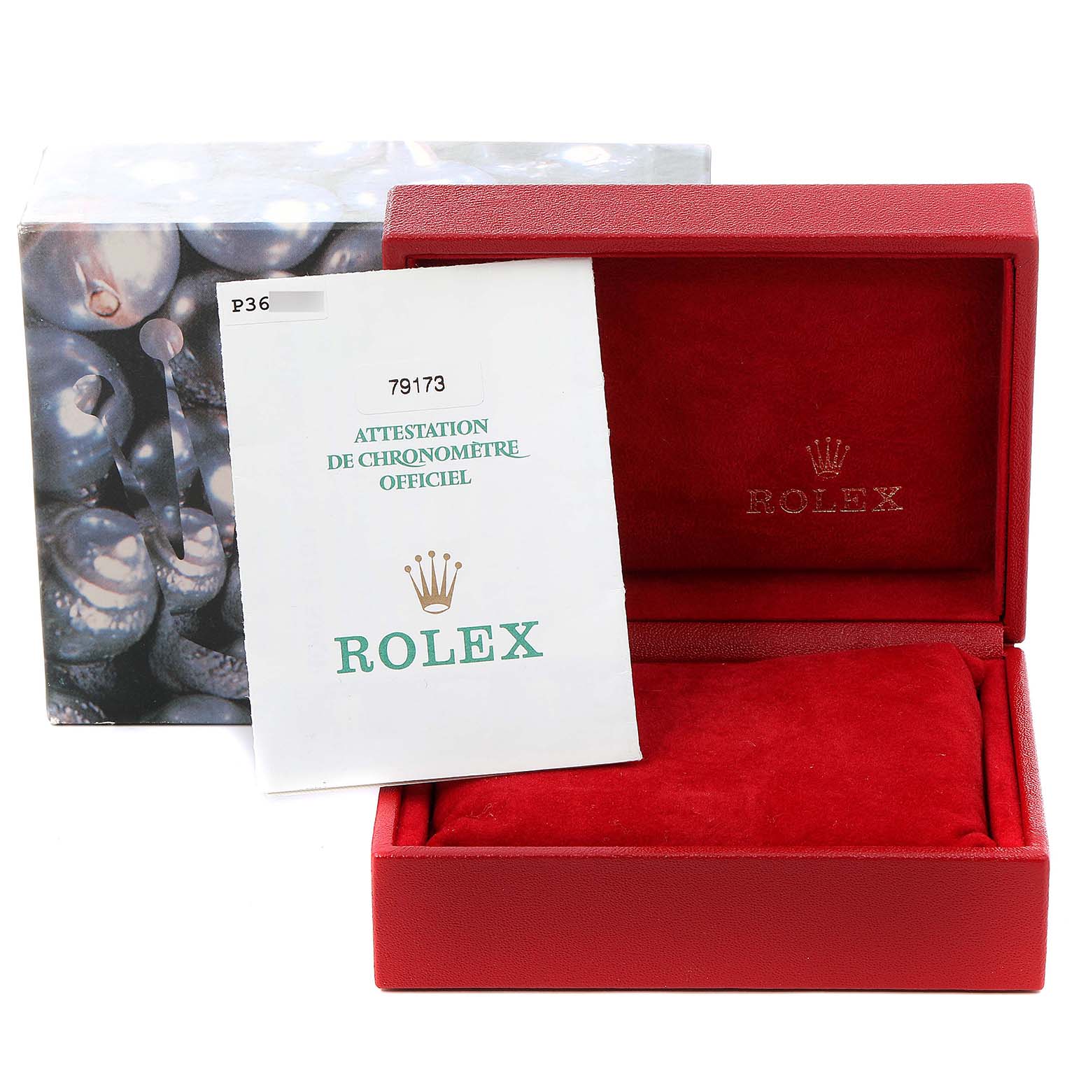 The image shows a Rolex Datejust 79173 Women's Steel and Gold (two tone) Red Dial 79173 Women's Steel and Gold (two tone) Red Dial watch's packaging box, including the red outer box and the official chronometer certification.