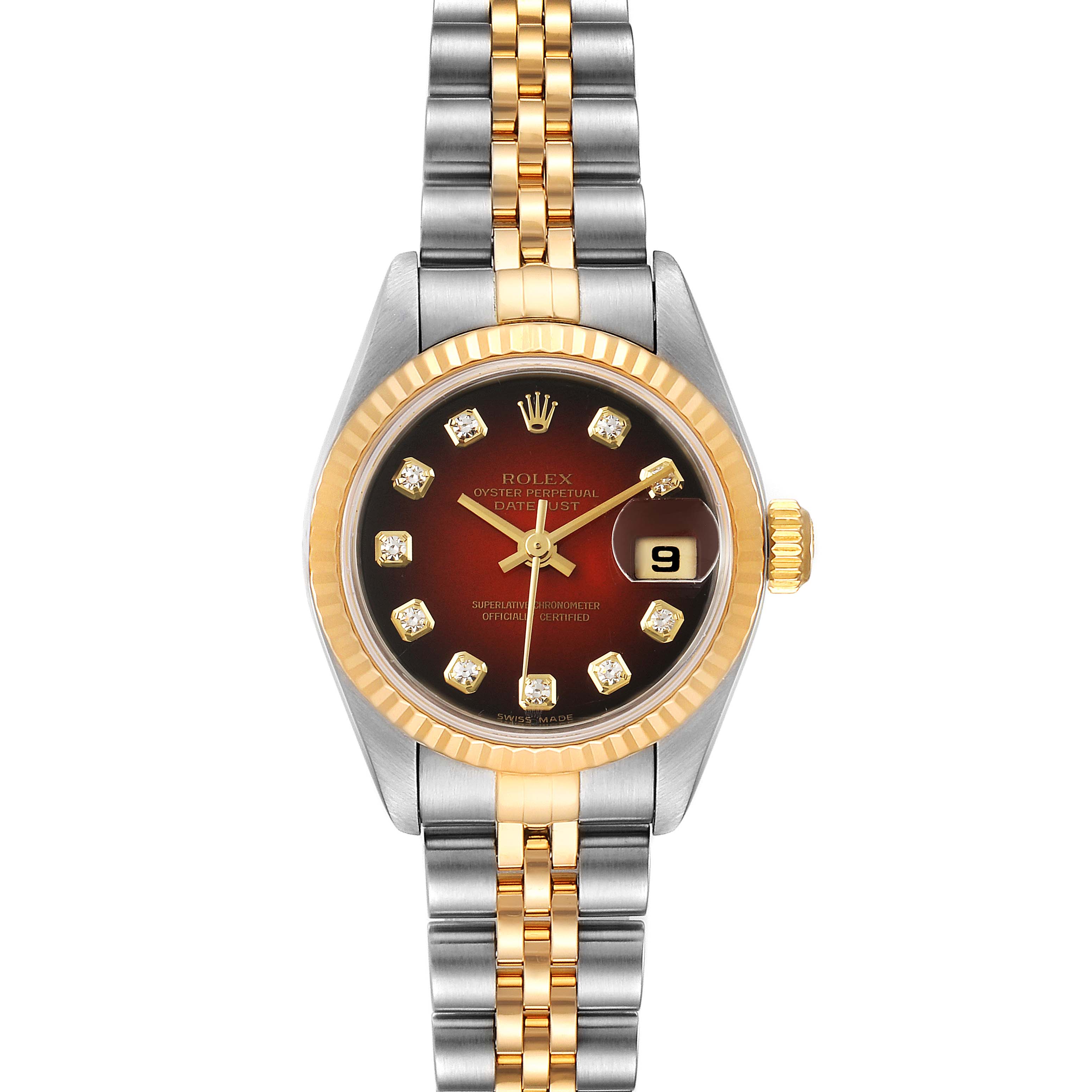 This Rolex Datejust 79173 Women's Steel and Gold (two tone) Red Dial 79173 Women's Steel and Gold (two tone) Red Dial watch is shown from the front, displaying the dial, bezel, case, and bracelet in full view.