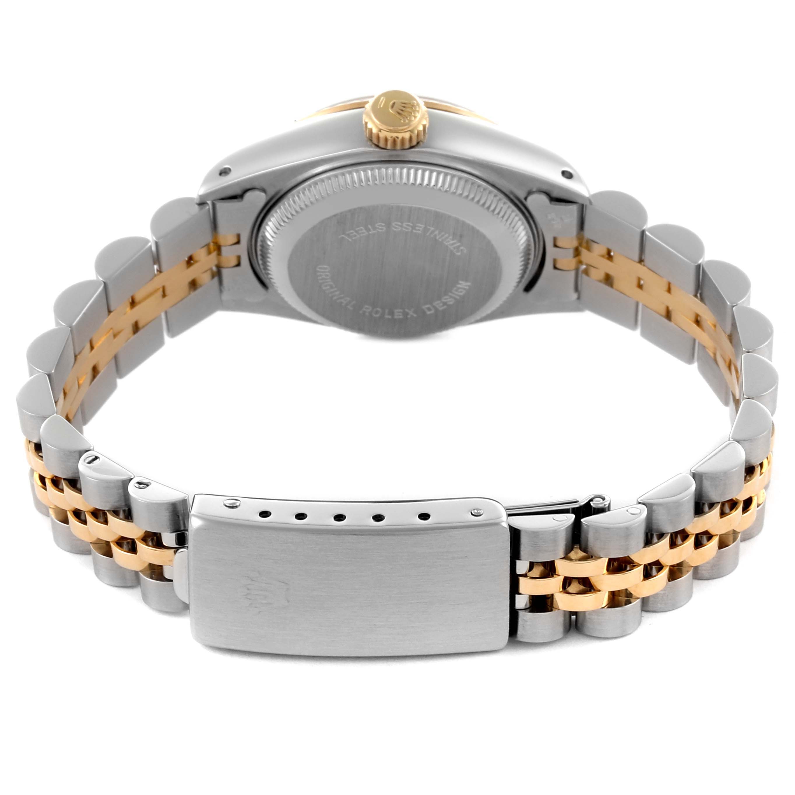 The image shows the back and clasp of a Rolex Datejust 69173 Women's Steel and Gold (two tone) White Dial 69173 Women's Steel and Gold (two tone) White Dial, highlighting the stainless steel and gold bracelet.