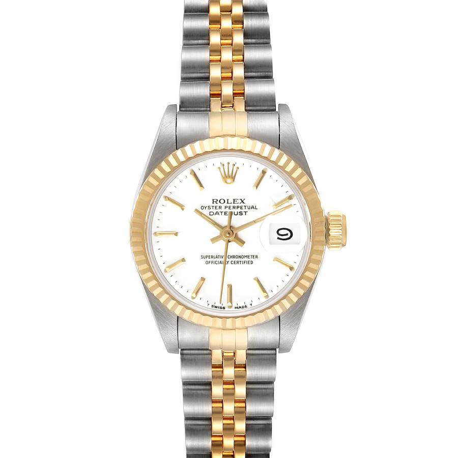 The Rolex Datejust watch is shown from a front angle, displaying the face, bezel, and two-tone bracelet.