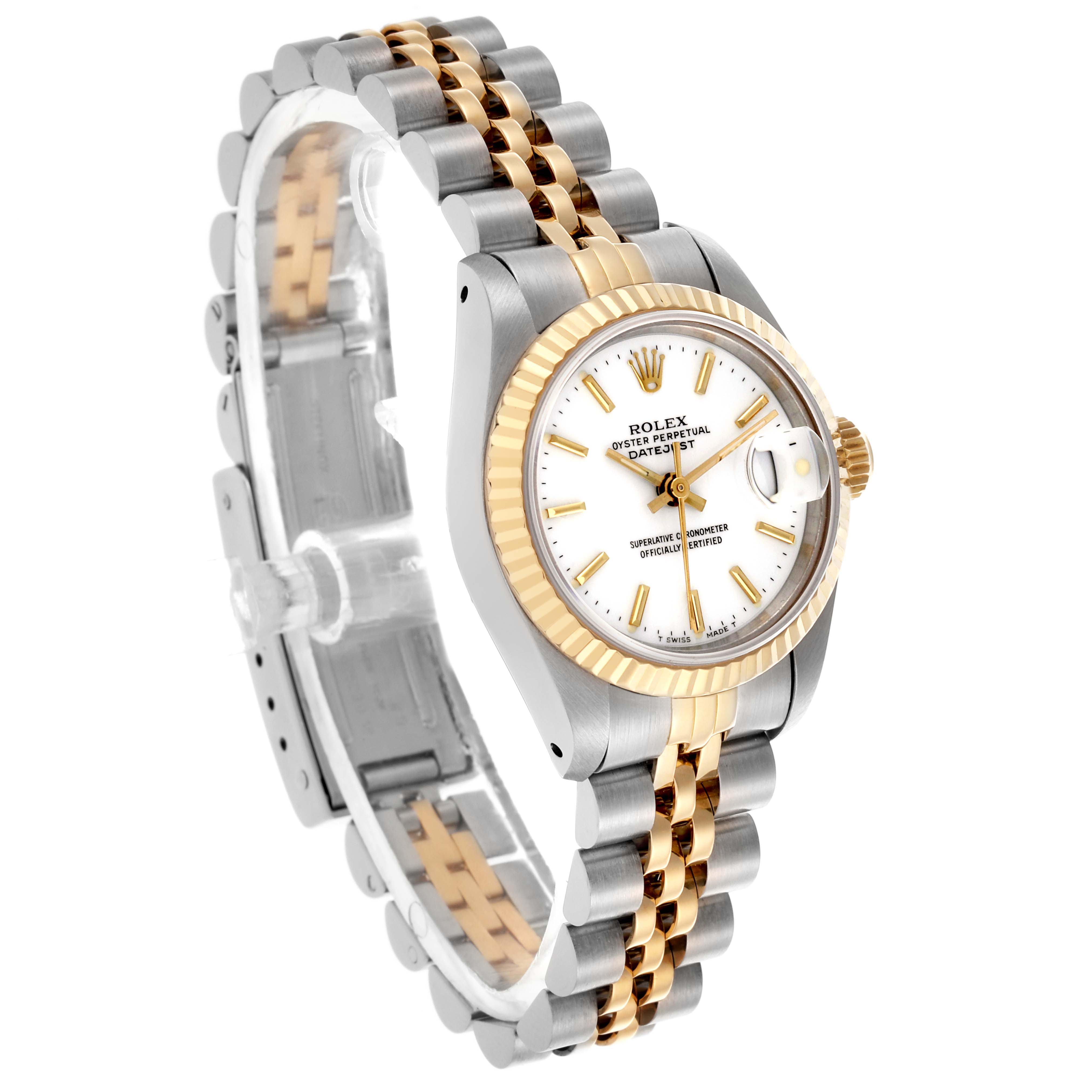 The Rolex Datejust 69173 Women's Steel and Gold (two tone) White Dial 69173 Women's Steel and Gold (two tone) White Dial is shown at a three-quarter angle highlighting the case, dial, bezel, and Jubilee bracelet.