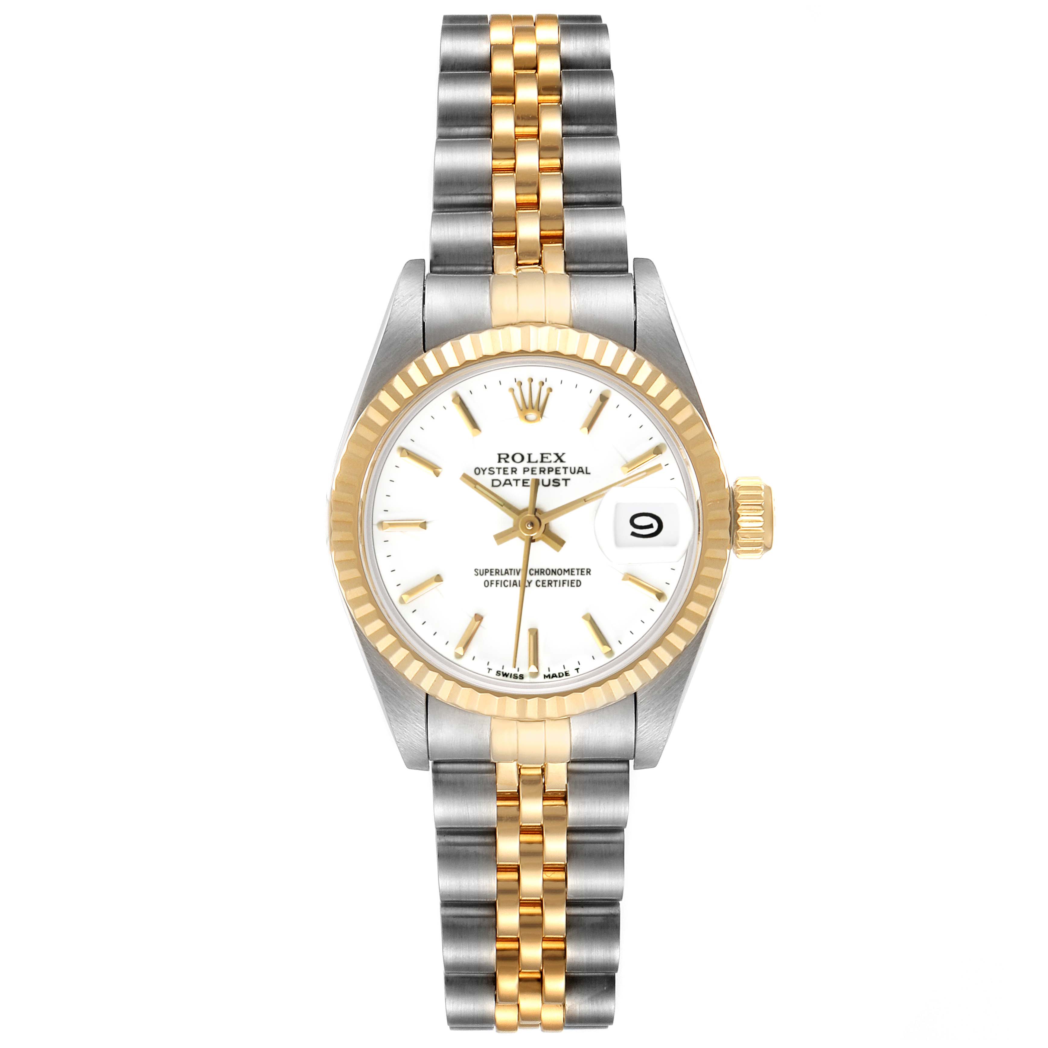 The Rolex Datejust 69173 Women's Steel and Gold (two tone) White Dial 69173 Women's Steel and Gold (two tone) White Dial watch is shown from the front, displaying the face, bezel, and two-tone bracelet.