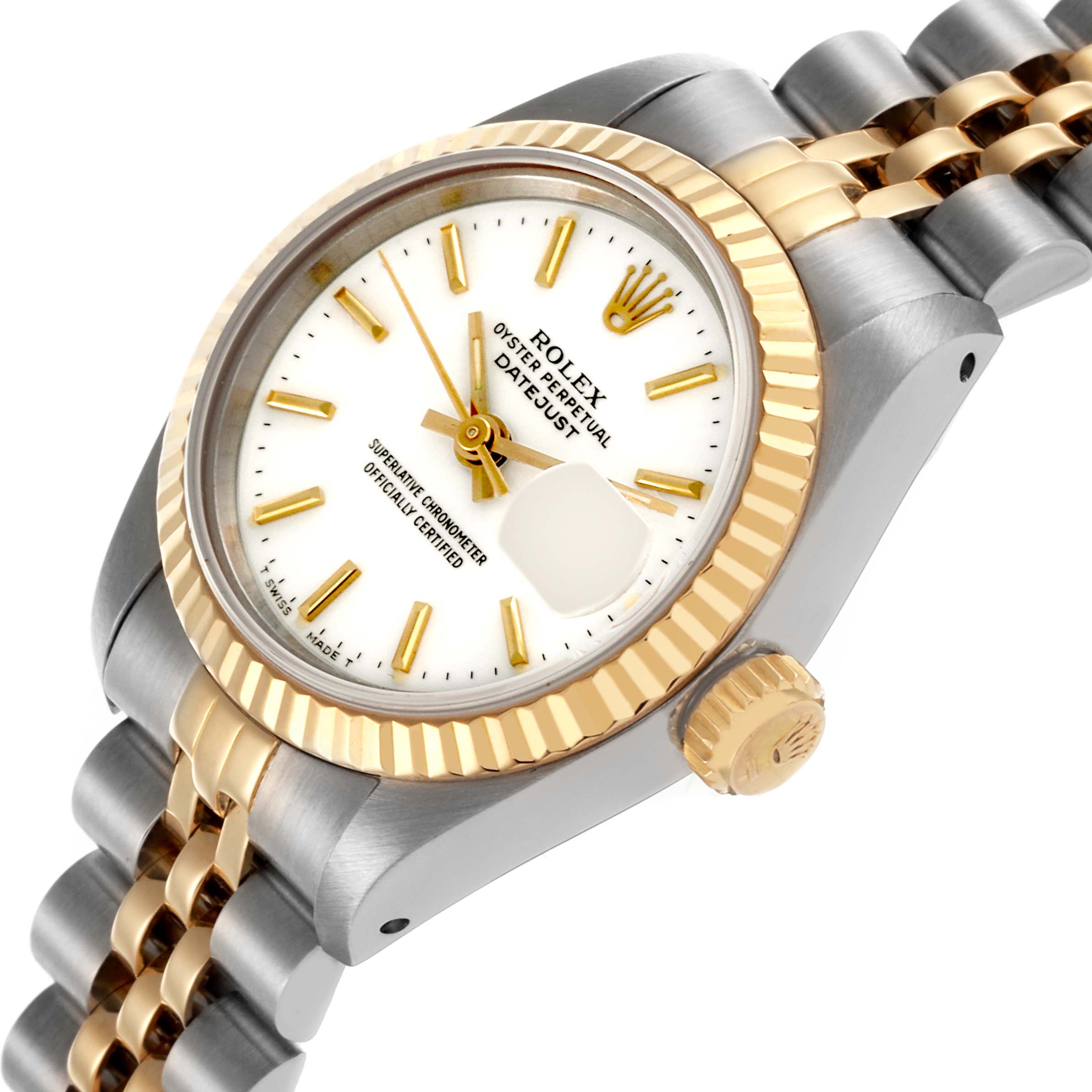 The Rolex Datejust 69173 Women's Steel and Gold (two tone) White Dial 69173 Women's Steel and Gold (two tone) White Dial watch is shown at an angled side view, highlighting the case, dial, fluted bezel, and part of the bracelet.