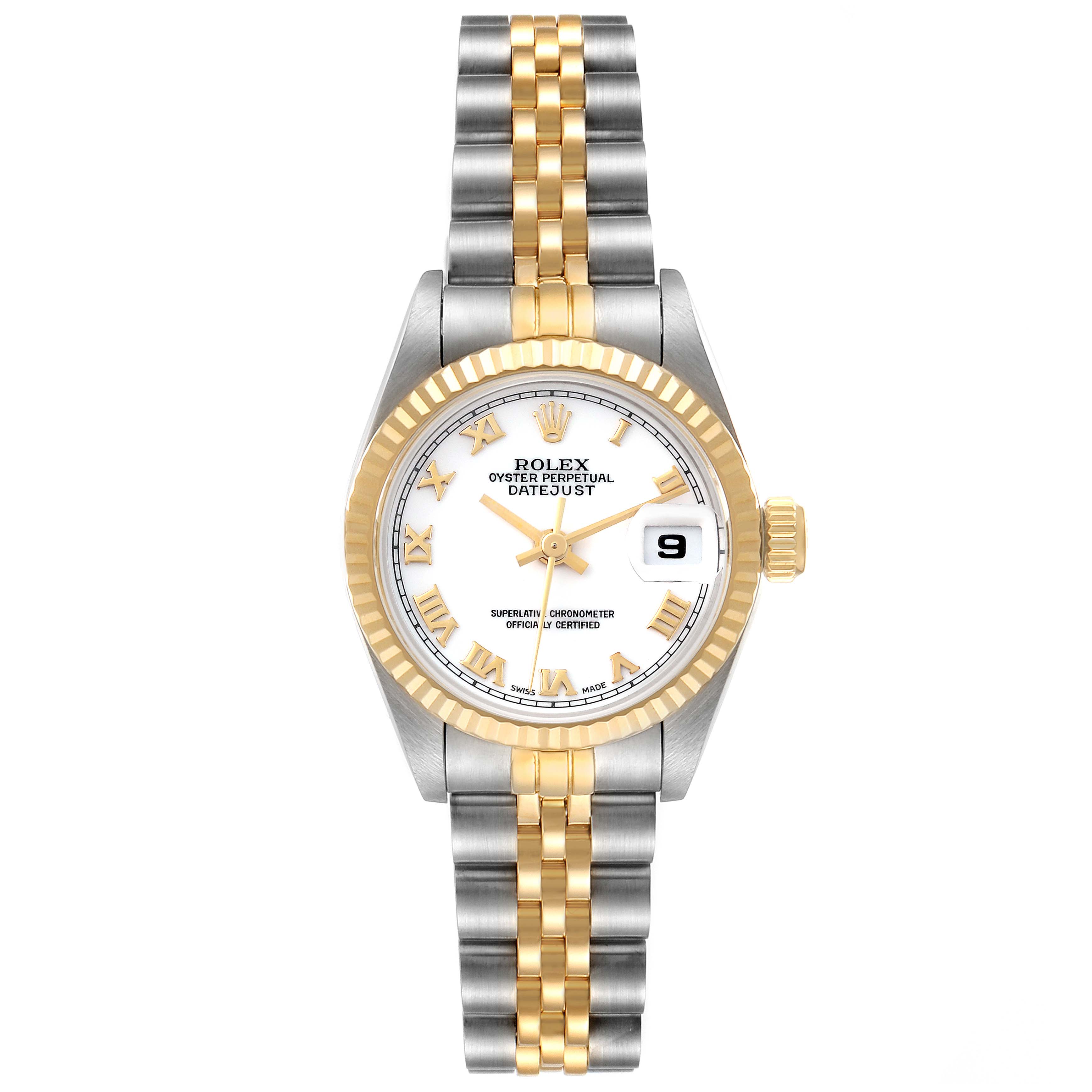 The Rolex Datejust 69173 Women's Steel and Gold (two tone) White Dial 69173 Women's Steel and Gold (two tone) White Dial watch is shown from a top-down angle, featuring its two-tone bracelet, white dial, and fluted bezel.