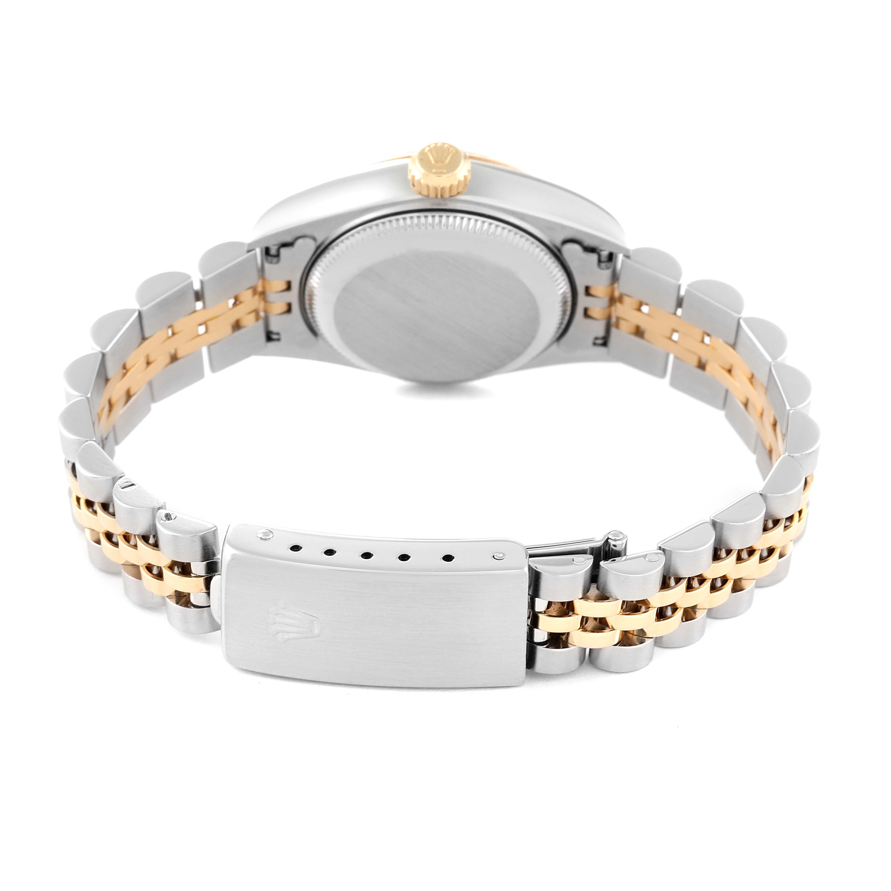 This image shows the back view of a Rolex Datejust 69173 Women's Steel and Gold (two tone) White Dial 69173 Women's Steel and Gold (two tone) White Dial watch, highlighting the bracelet, clasp, and case back.