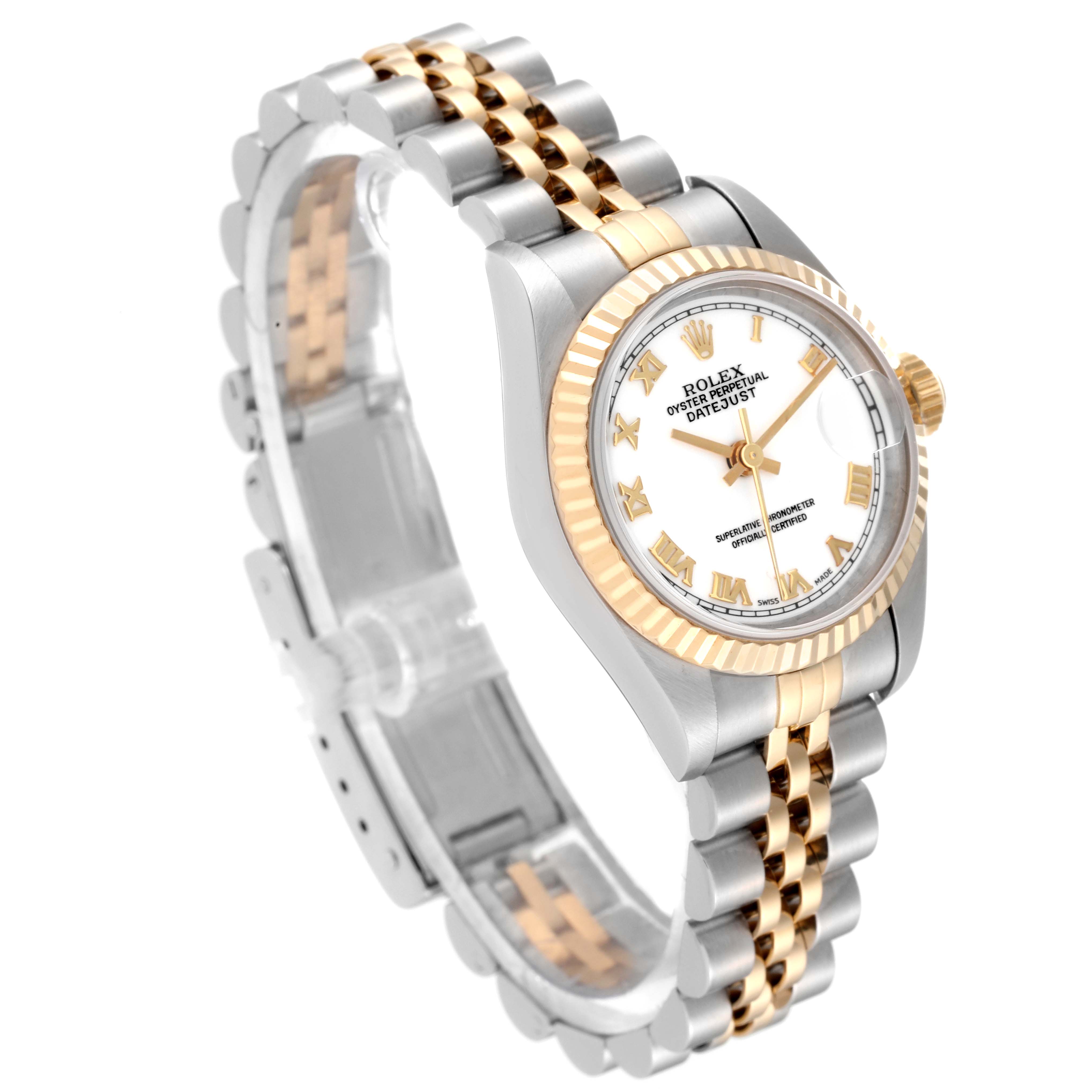 The image shows a Rolex Datejust 69173 Women's Steel and Gold (two tone) White Dial 69173 Women's Steel and Gold (two tone) White Dial watch at an angle displaying the face, bezel, and part of the bracelet.