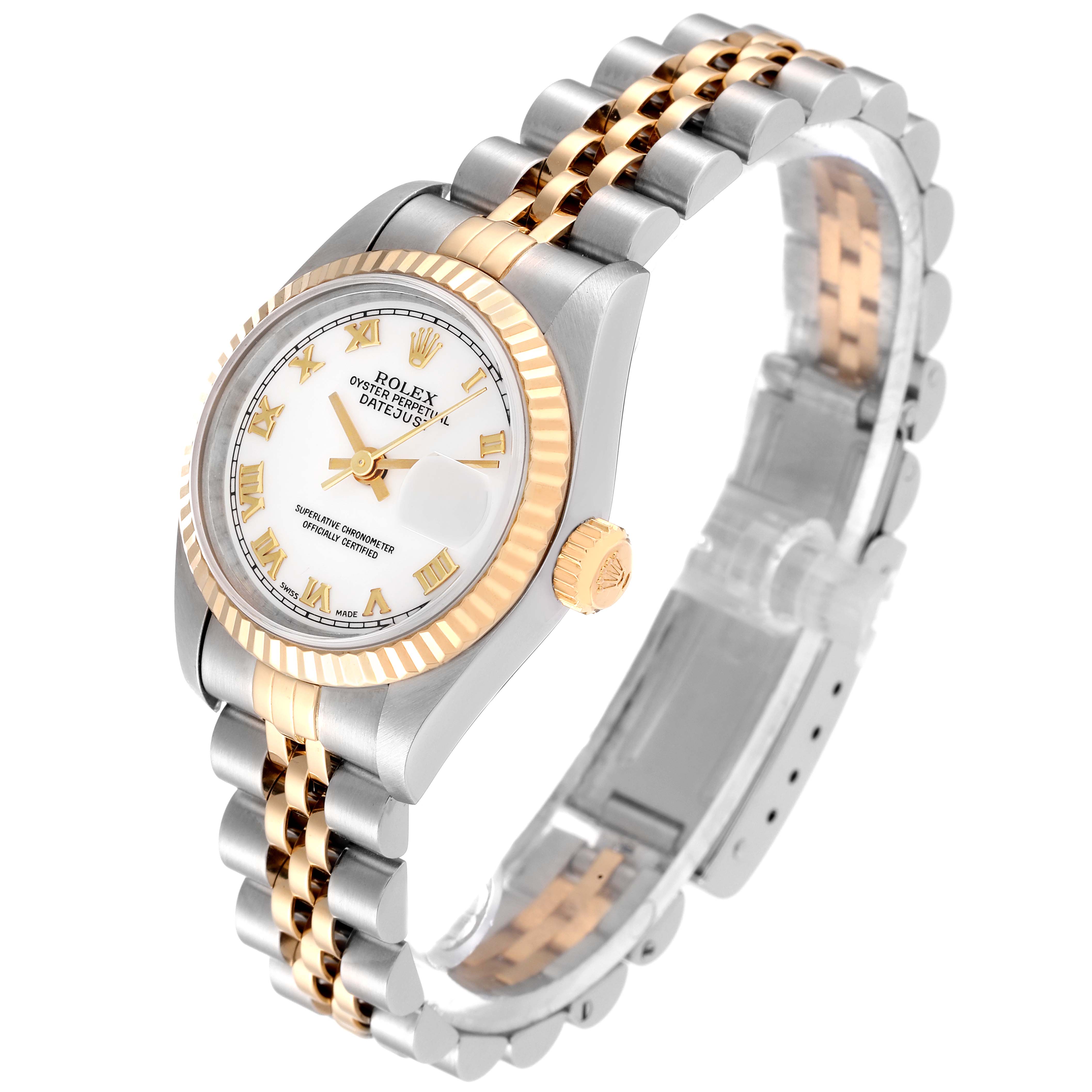 This image shows a Rolex Datejust 69173 Women's Steel and Gold (two tone) White Dial 69173 Women's Steel and Gold (two tone) White Dial watch at an angled side view, highlighting the two-tone bracelet, dial, and fluted bezel.
