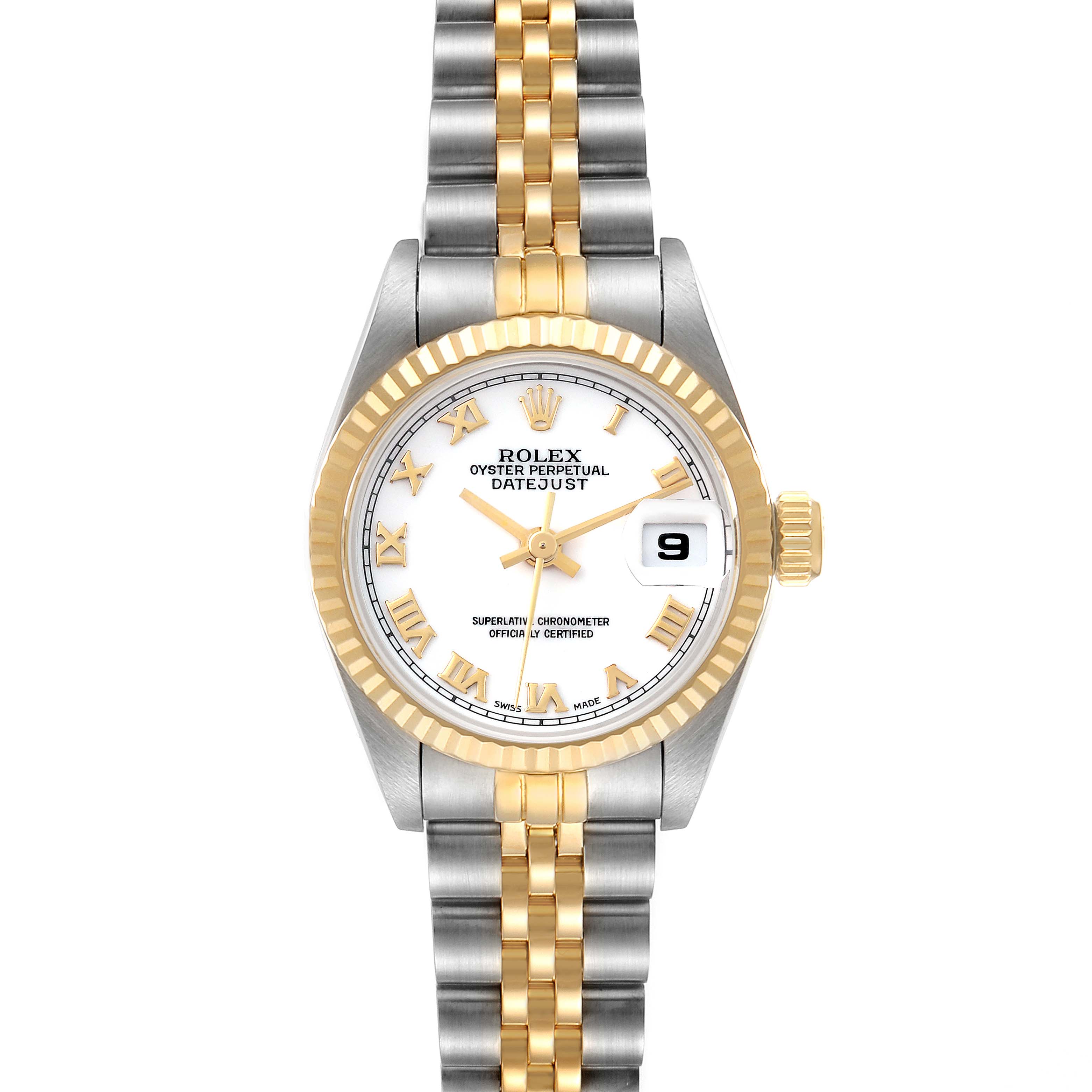 The image shows a front view of the Rolex Datejust 69173 Women's Steel and Gold (two tone) White Dial 69173 Women's Steel and Gold (two tone) White Dial watch, featuring its dial, bezel, crown, and bracelet.