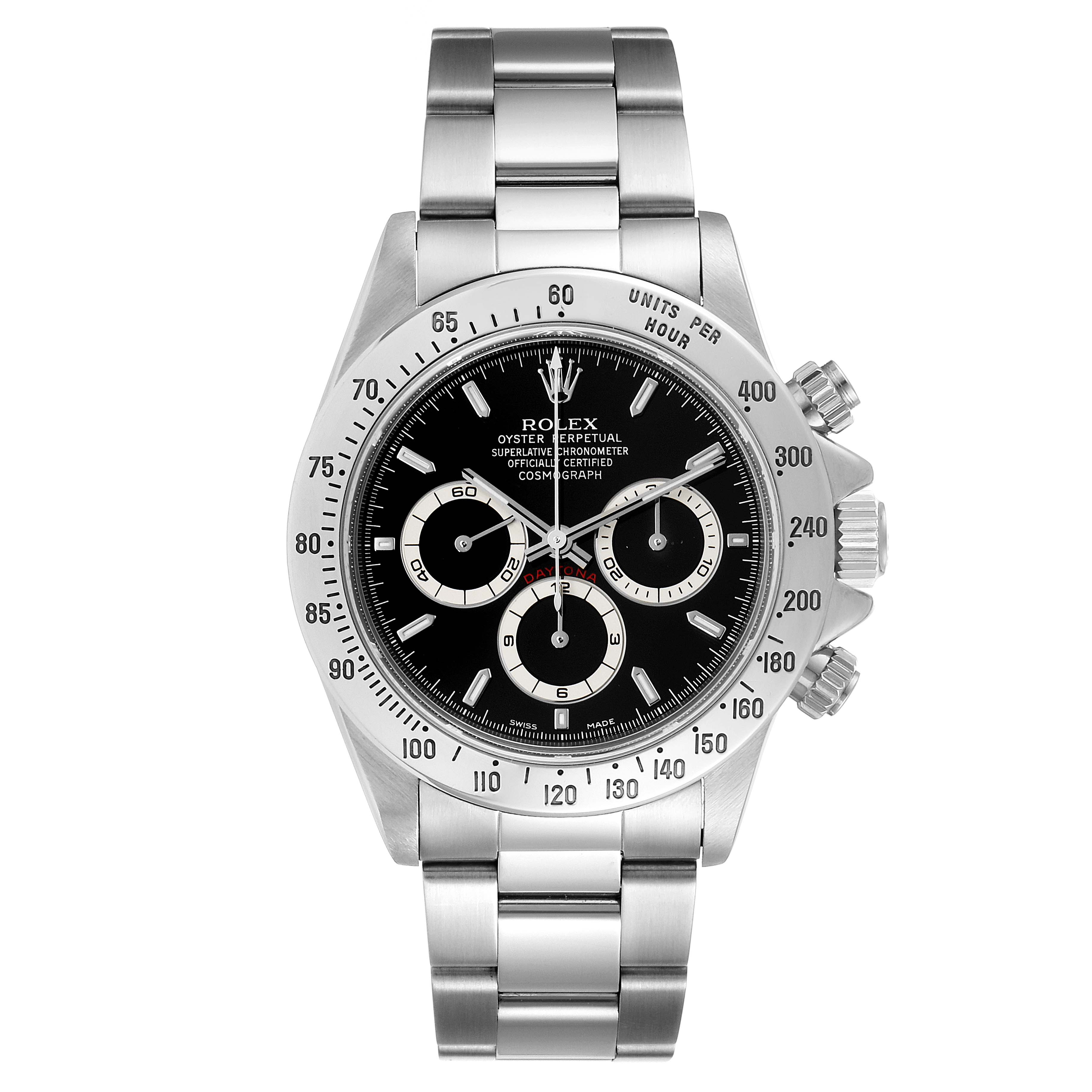 The Rolex Daytona 16520 Men's Stainless Steel Black Dial 16520 Men's Stainless Steel Black Dial watch is shown from a front angle, displaying the face, bezel, crown, and stainless steel bracelet.