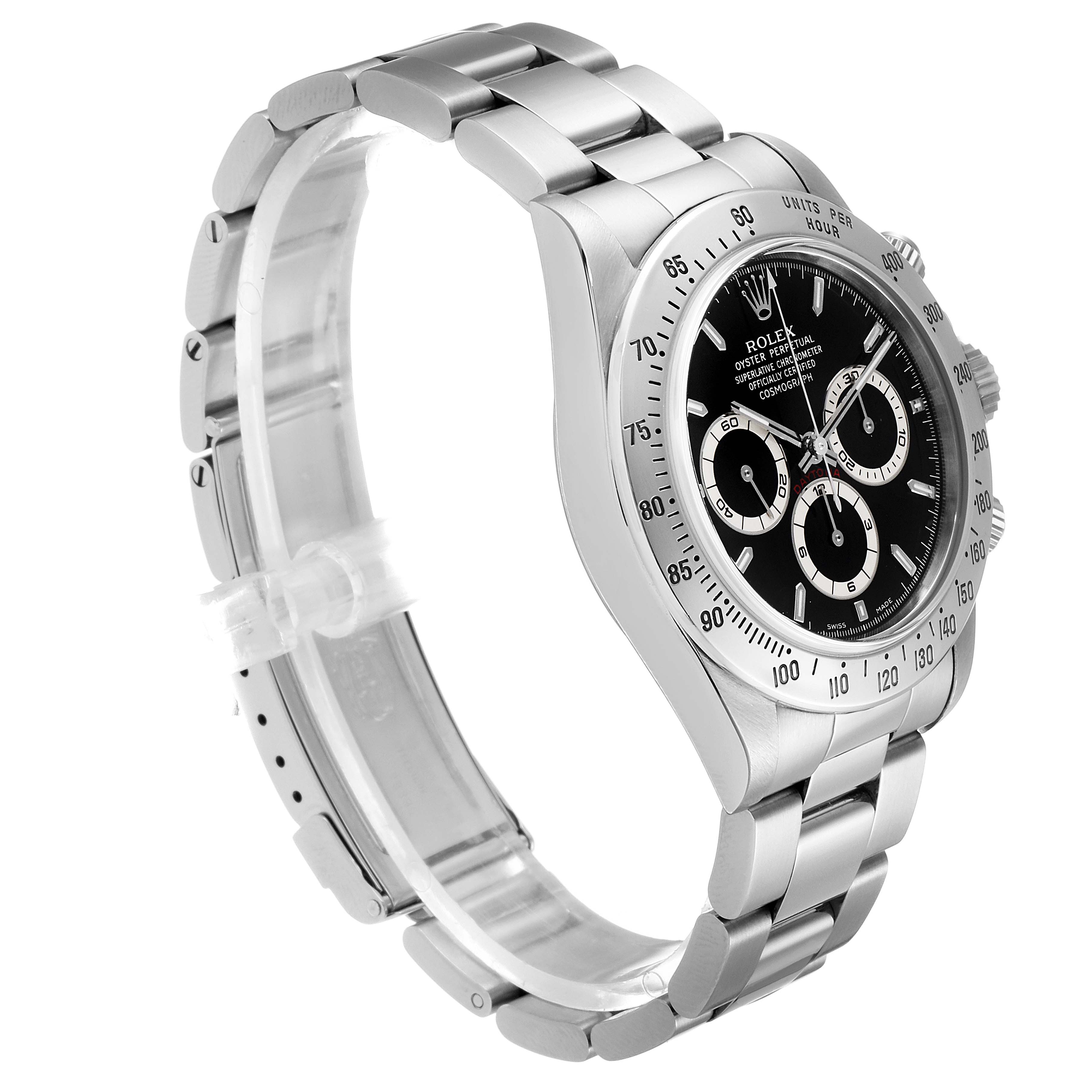 The image shows a side angle view of a Rolex Daytona 16520 Men's Stainless Steel Black Dial 16520 Men's Stainless Steel Black Dial, displaying the watch face, bezel, and part of the stainless steel bracelet.