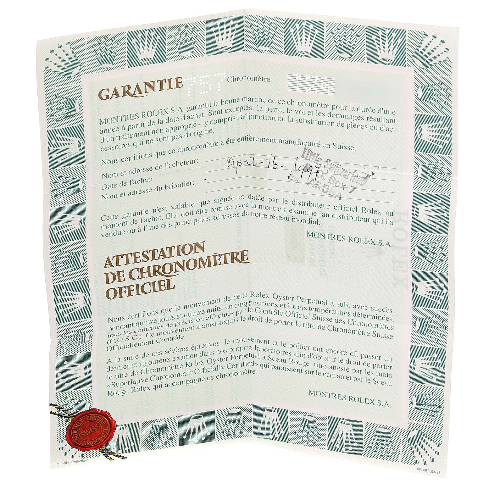 The image shows an official Rolex guarantee and chronometer certificate for the Daytona model.