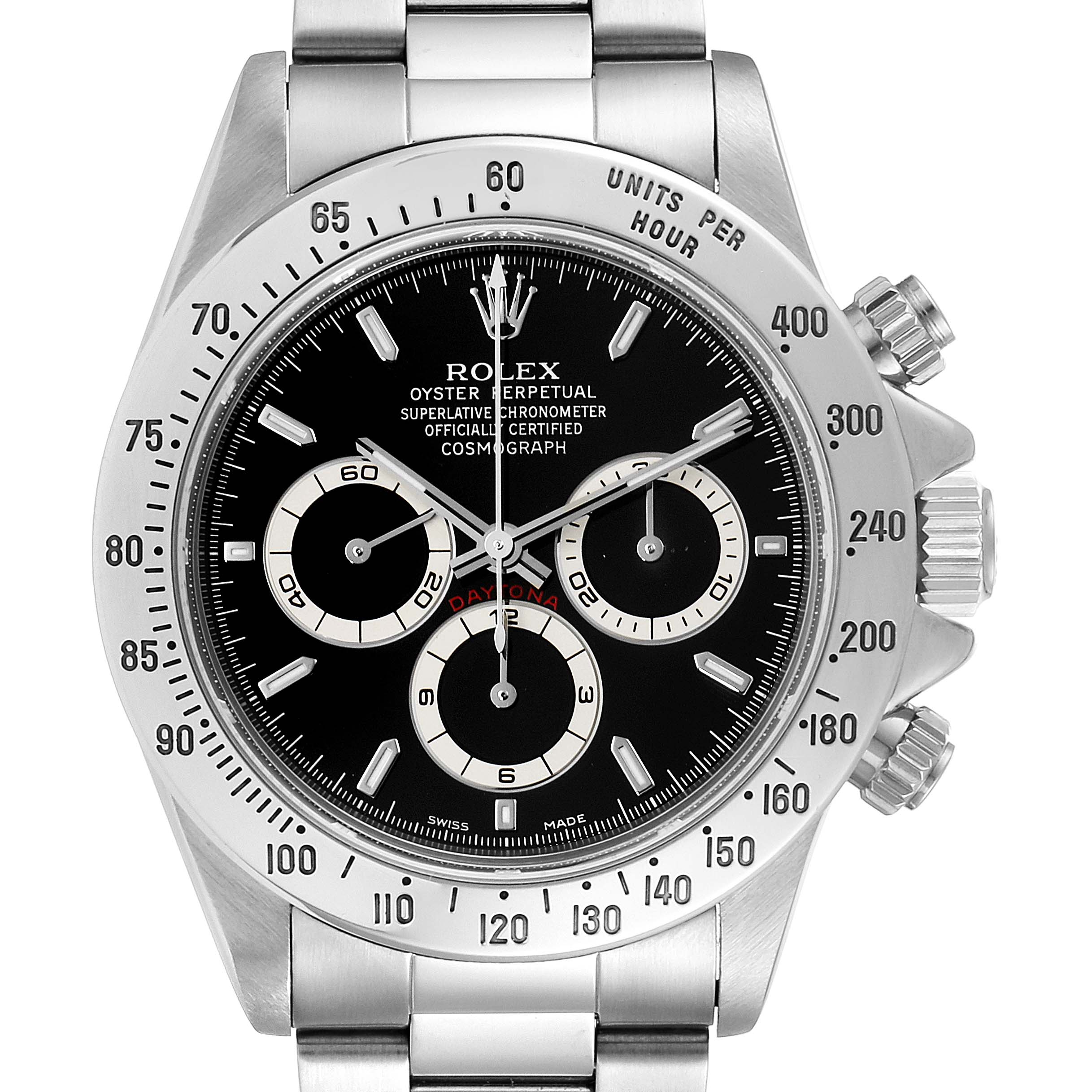 This image shows a front view of a Rolex Daytona 16520 Men's Stainless Steel Black Dial 16520 Men's Stainless Steel Black Dial watch, highlighting its black dial, chronograph subdials, and stainless steel bracelet.